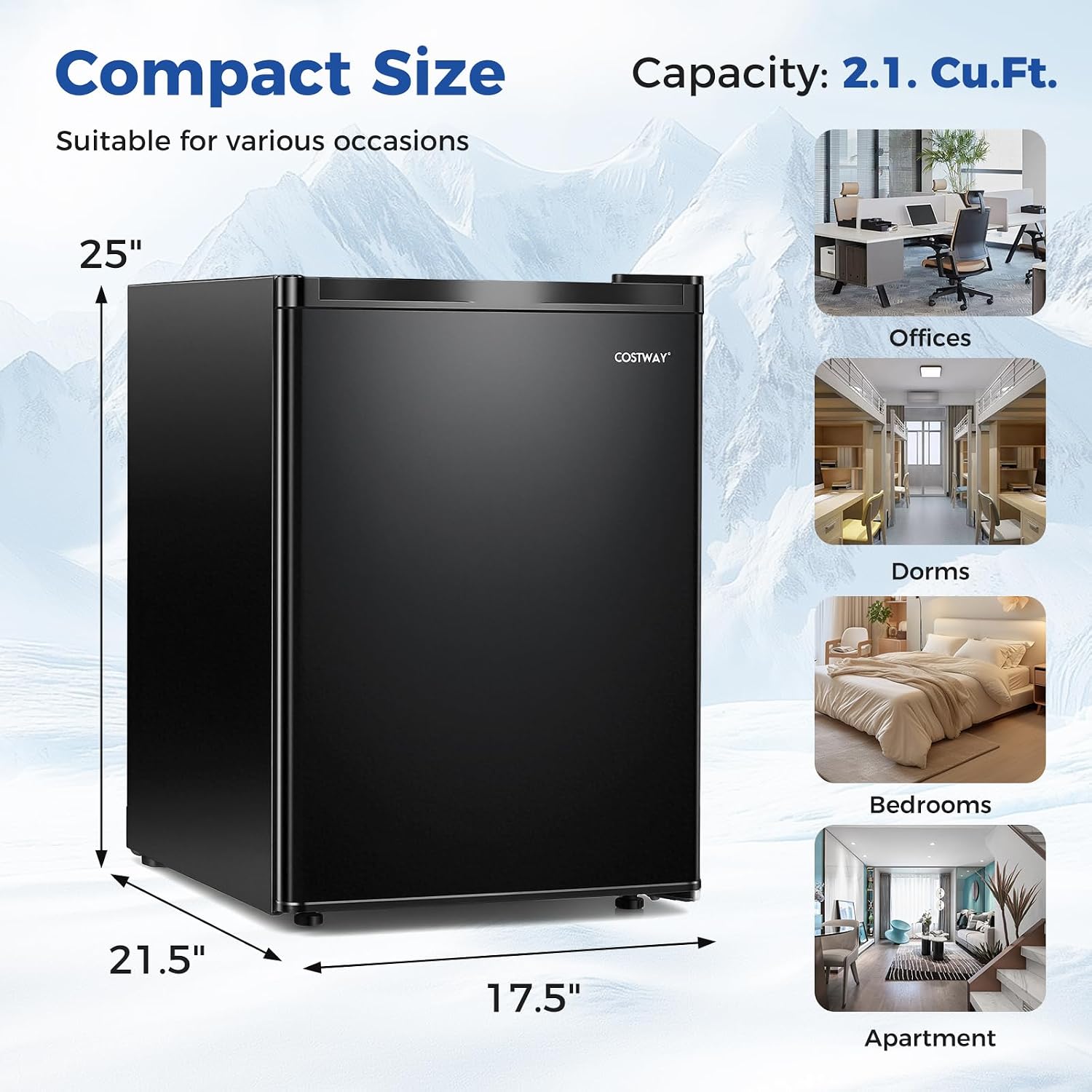 COSTWAY 2.1 Cu.Ft Small Freezer, Compact Upright Mini Freezer w/Reversible Single Door, 7 Adjustable Thermostat, Low Noise, 2 Removable Shelves for Bedroom, Office, Dorm, Apartment (Black)
