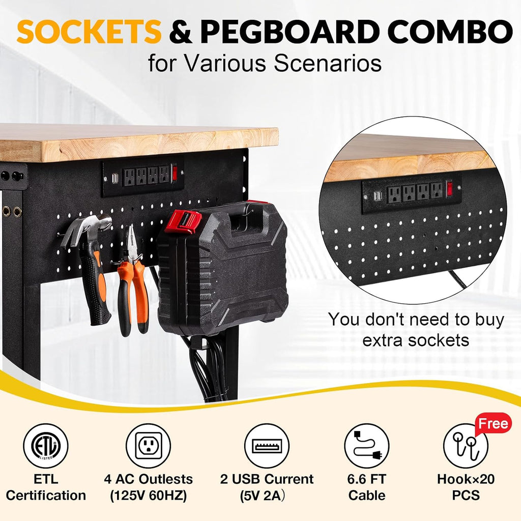 60' Heavy Duty Workbench for Garage with Drawers Rubberwood Tabletop Work Table with Pegboard, Power Outlets Adjustable Height Work Bench for Office, Home, Woodworking Shop