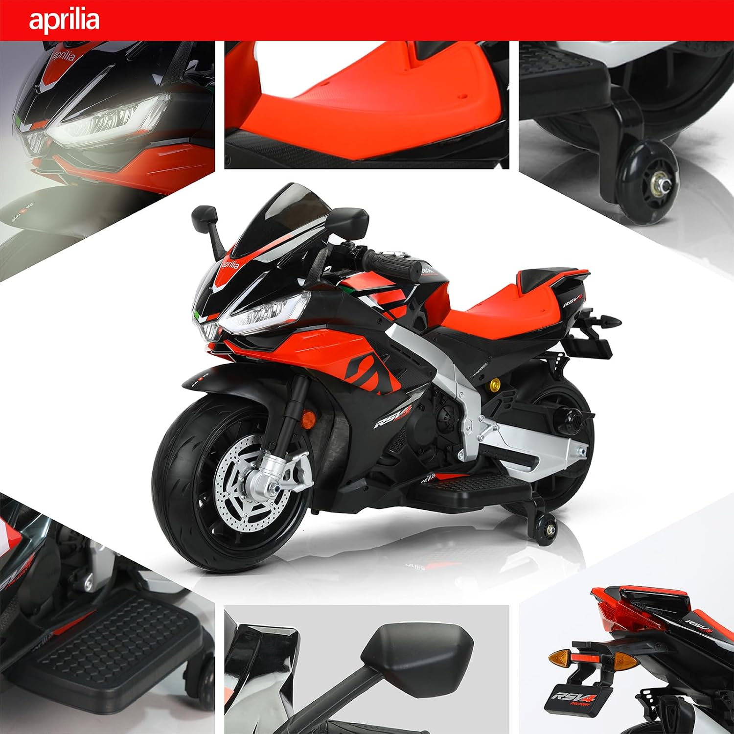 TCARAIWEN Aprilia Licensed 24V Kids Electric Motorcycle,Ride-On Motorcycle Speed Up to 8mph with Side Wheels, Key Switch and Mp3 (Normal Motors - 24V, Black)