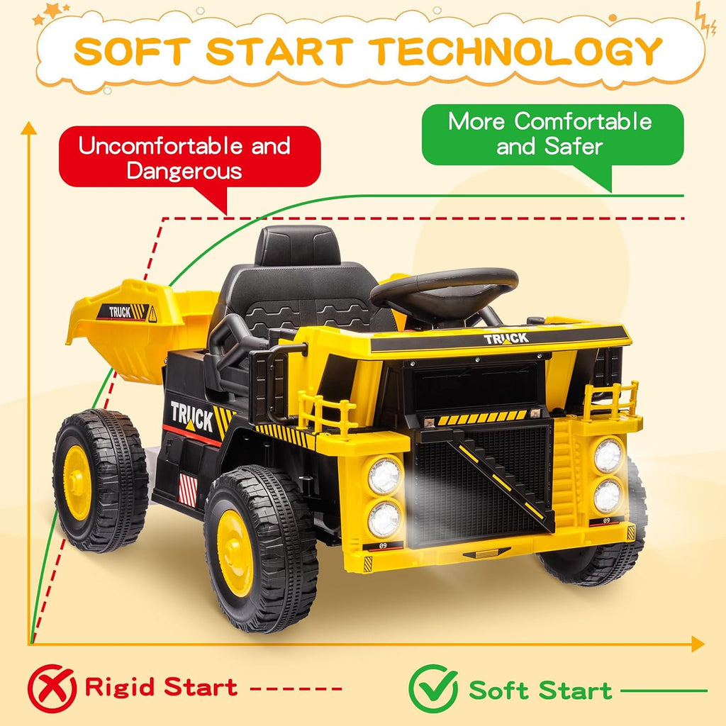 Ride on Dump Truck, 12v Ride on Construction Car for Kids with Remote Control,Electric Dump Bed and Extra Shovel, Construction Truck,Music Player, LED Lights for Toddlers-Yellow