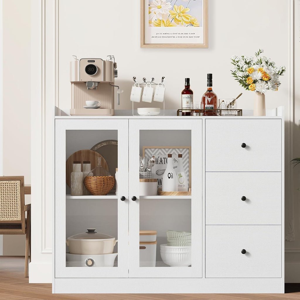 Takywep Kitchen Storage Cabinet, Wooden Coffee Bar with 3 Drawers & Double Doors, Sideboard Buffet Cabinet for Kitchen, Living Room, Entryway, Bathroom, White