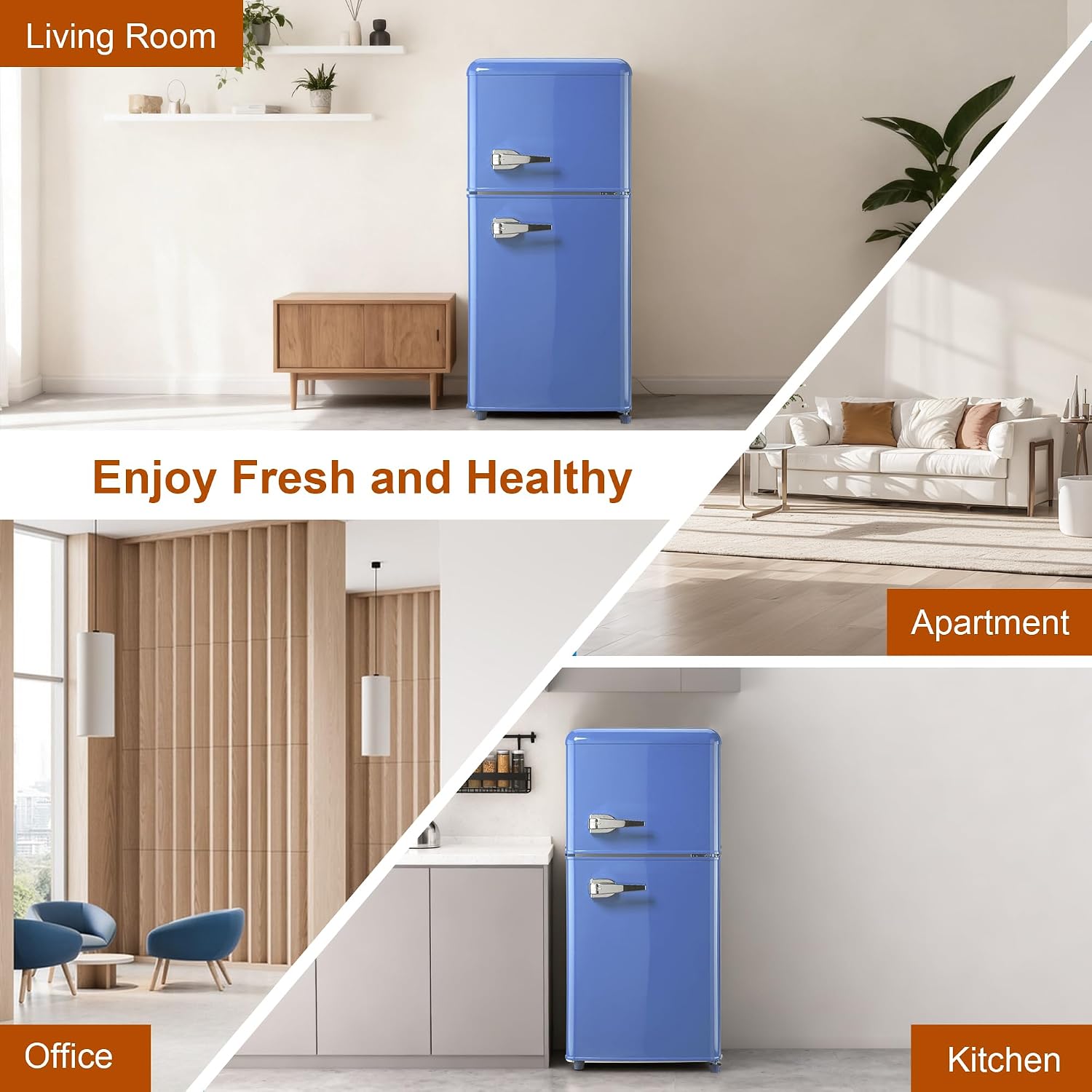 Retro Mini Fridge with Freezer 3.5 Cu. Ft, Small Refrigerator with 7 Level Adjustable Thermostat, Compact Classic Dual Door Fridge Removable Glass Shelves for Apartments, Dorm, Office, Blue