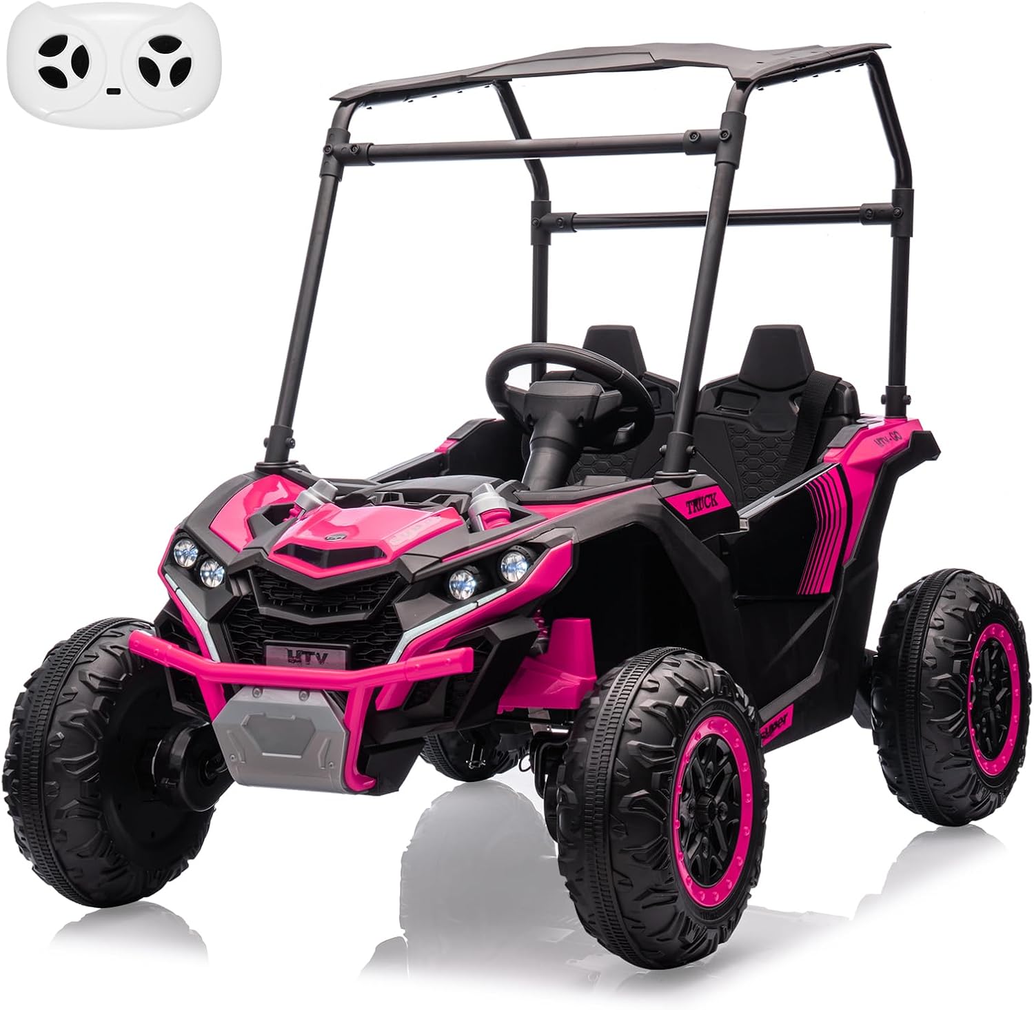 GarveeLife 24V Ride On Utv for Kids, 2 Seater Electric Truck with Sun Shade, 4WD Electric Car Toy with Remote Control, Led Lights, 4 Shock Absorbersm, One Click Start, Music Player(Rose)
