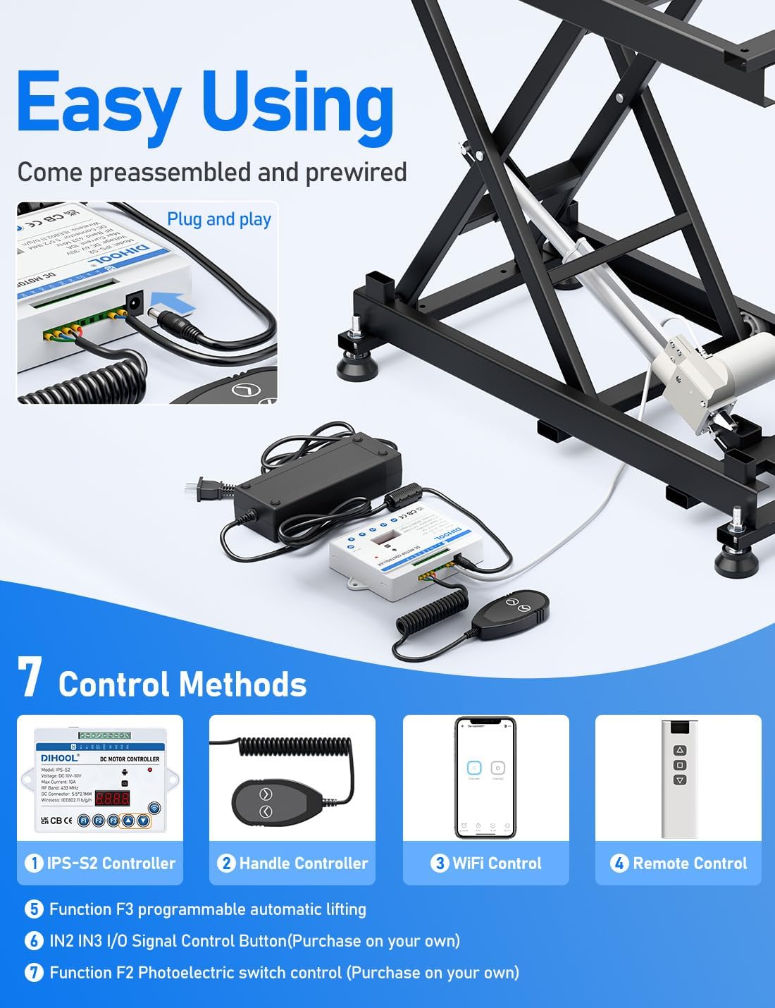 DIHOOL Electric Scissor Lift Table, 440Lbs Capacity, 8.07'-26.97' Height Adjustable Lifting Platform, Super Quiet with Remote & WiFi Control, Obstruction Detection, AC/DC Power for Home/Industrial Use