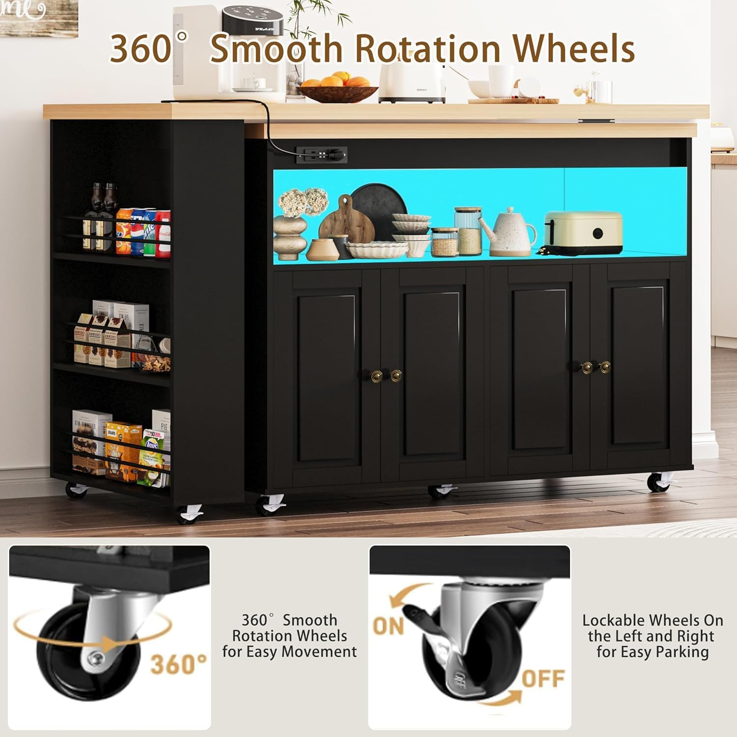 84' Kitchen Island with Swivel Table, Mobile Kitchen Island on Wheels with Storage Cabinet and LED Light, Rolling Kitchen Island with Power Outlet, Spice Rack, Black