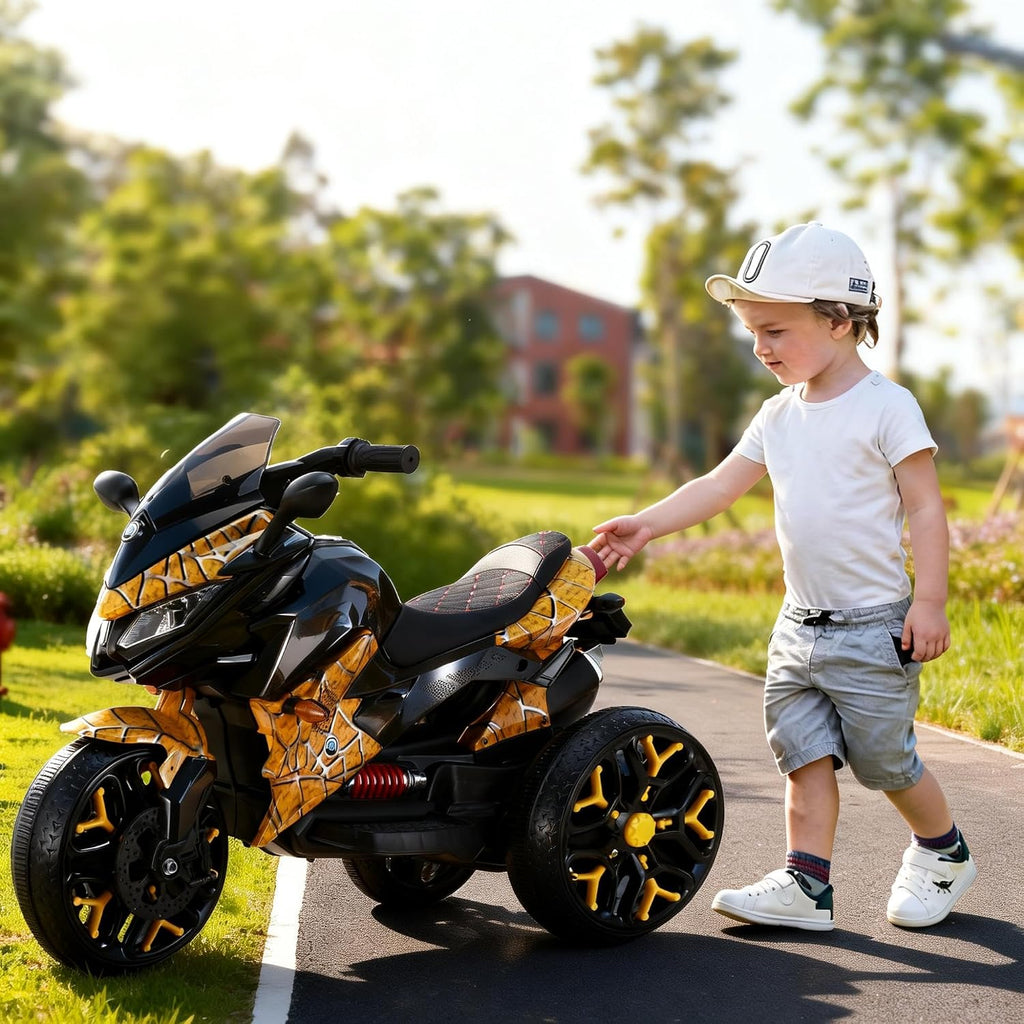 12V Kids Electric Motorcycle with Training Wheels | Plastic, PU seat, manual throttle, foot brake, USB, MP3, phone link, light-up wheels, ages 3-6, 45.3 W x 23.2 D x 28.7 H in