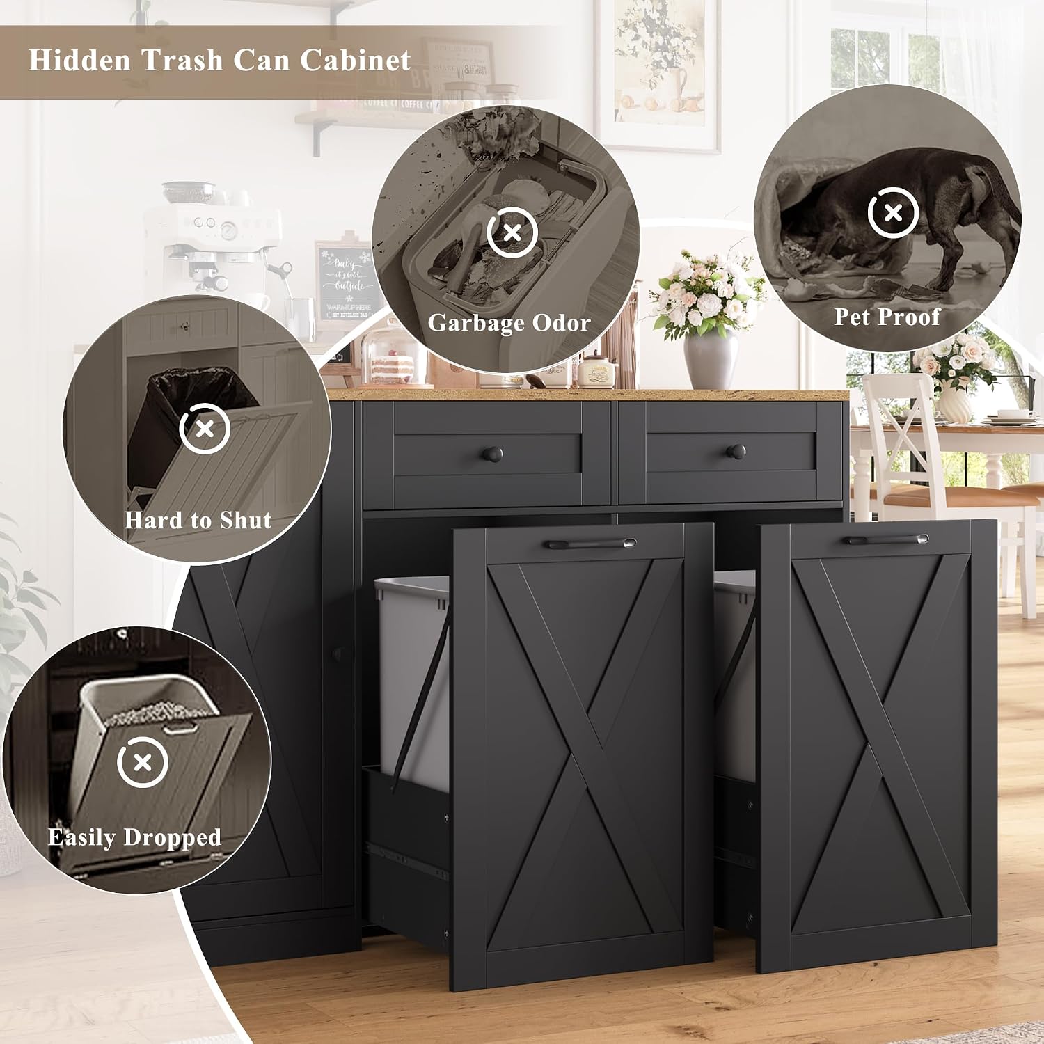 HOSTACK 12.5 Gallon Kitchen Trash Cabinet, 47' Double Trash Can Cabinet, Large Pull Out Can Storage Drawers, Wood Farmhouse Hidden Garbage Storage Buffet for Kitchen, Dining Room, Black