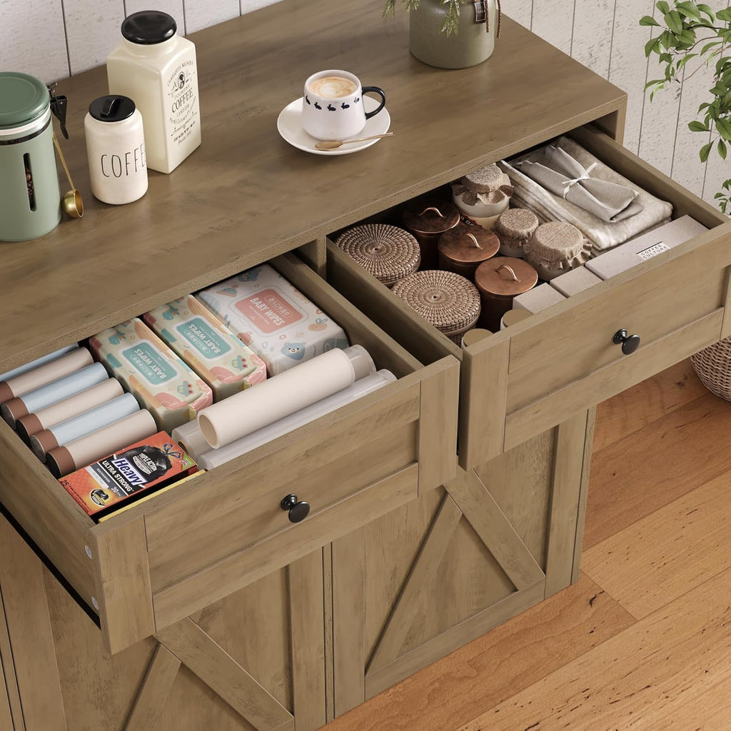 HOSTACK 12.5 Gallon Kitchen Trash Cabinet, 47' Double Trash Can Cabinet, Large Pull Out Can Storage Drawers, Wood Farmhouse Hidden Garbage Storage Buffet for Kitchen, Dining Room, Rustic Brown