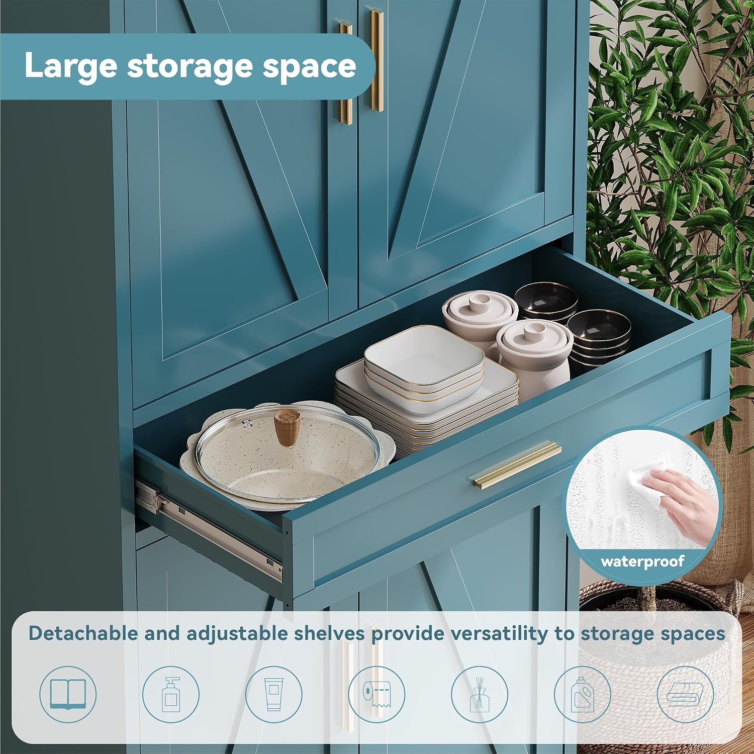 Baborokic 71' Tall Metal Storage Cabinet with Adjustable Shelves,Farmhouse Kitchen Pantry Cabinet with 2 Barn Doors and Drawer,Large Storage Cabinets for Dining Room,Bathroom,Living Room(Blue)
