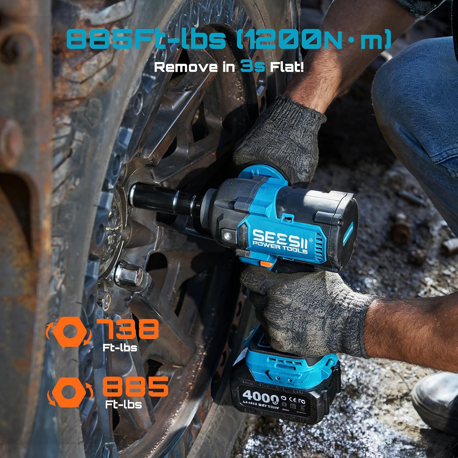 Seesii Upgraded Cordless Impact Wrench 885Ft-lbs (1200N·m): 1/2' Impact Gun with Detachable Side Handle, 21V High Torque Power Impact Driver 2x 4.0Ah Batteries for Family Car/Pickup Truck/Mower