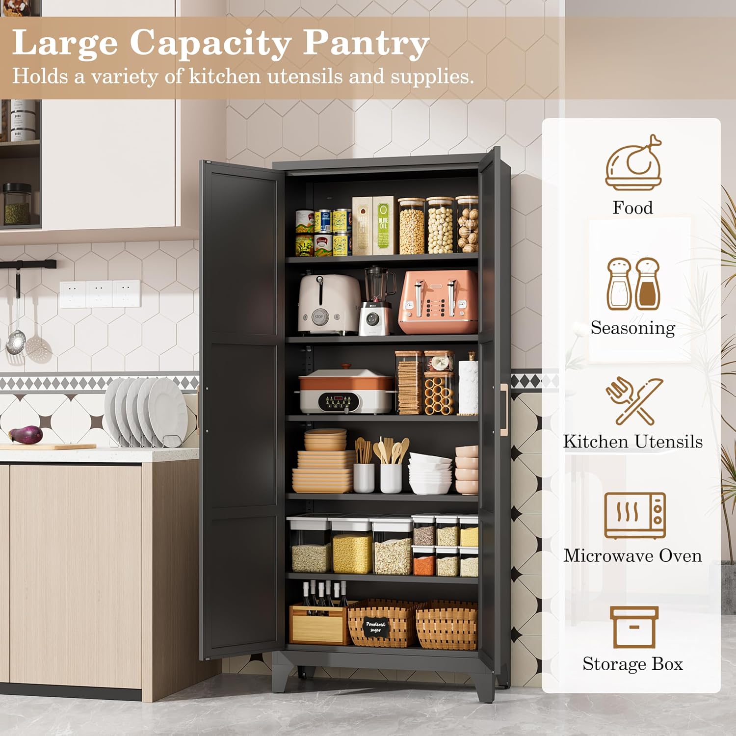 74.8' Black Freestanding Metal Pantry Cabinet, Magnetic Doors & 5 Adjustable Shelves, Anti-Tip Closed Storage Cupboard for Kitchen, Laundry, Garage & Home Office