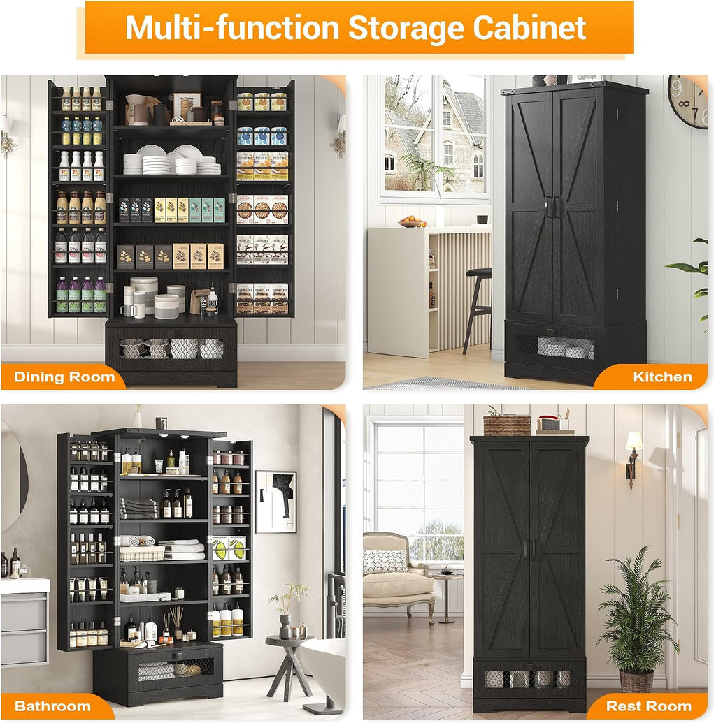 kepptory Kitchen Pantry Cabinet, Pantry Storage Cabinet with Adjustable Shelves and Drawer, Kitchen Buffet Cupboards Storage Shelf for Home Office Use (Black, 16' D x 24' W x 55' H)