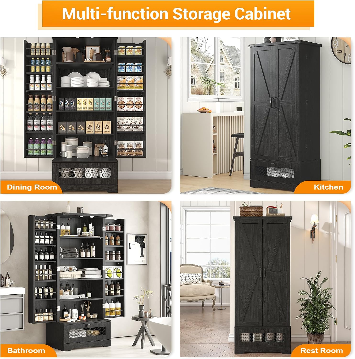 kepptory Kitchen Pantry Cabinet, Pantry Storage Cabinet with Adjustable Shelves and Drawer, Kitchen Buffet Cupboards Storage Shelf for Home Office Use (Black, 16' D x 24' W x 55' H)