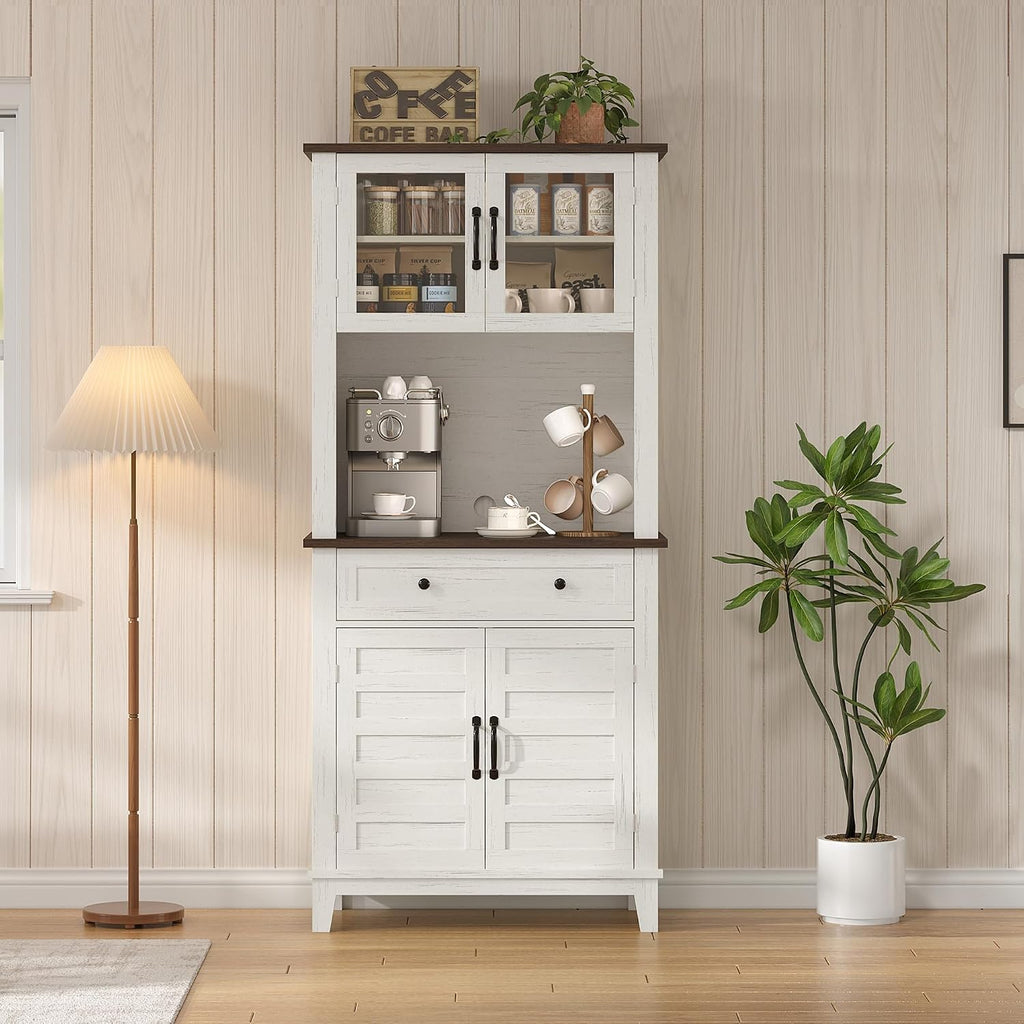 GAOMON Elegant 72' White Pantry Coffee Bar Cabinet – Tall Kitchen Storage with Adjustable Shelves, 4 Glass Doors & 1 Drawer – Multi-Functional Hutch for Dining Room & Kitchen, White