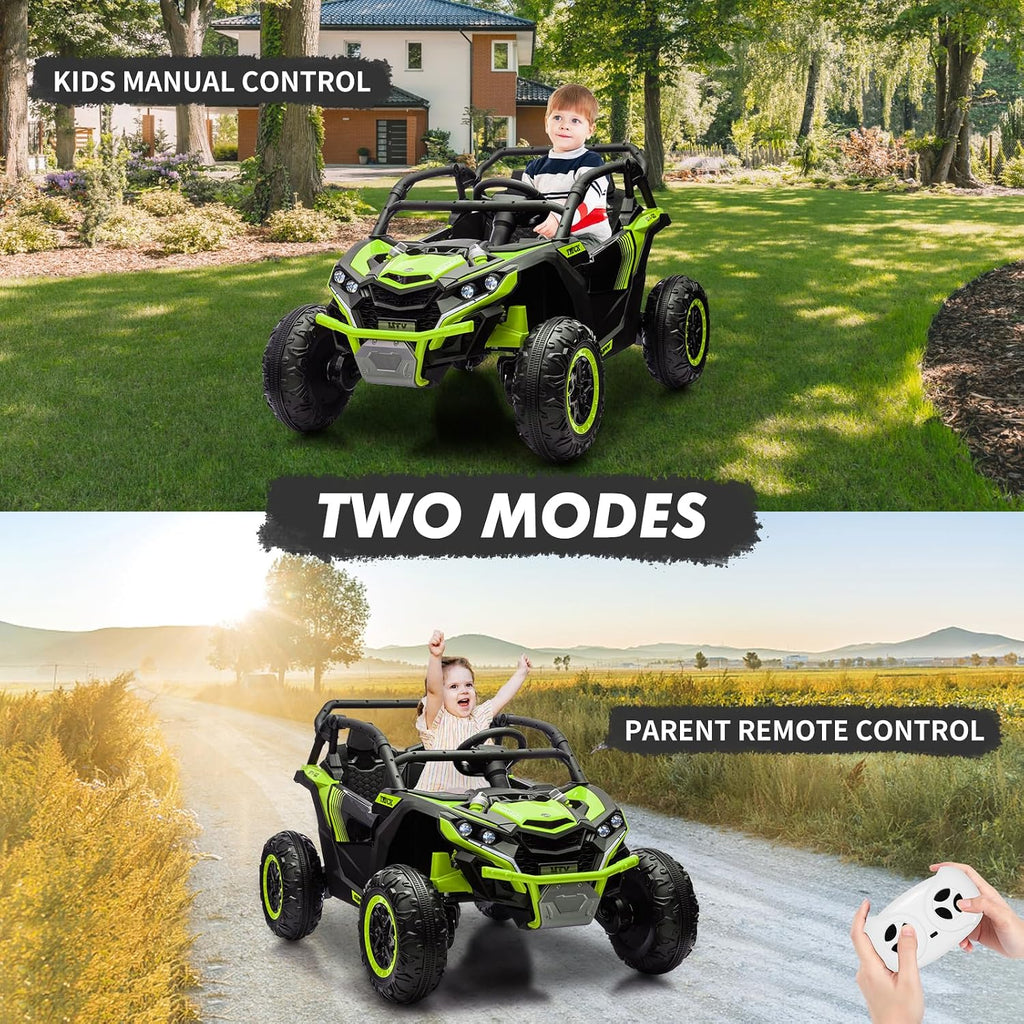 GarveeLife 24V Ride On Utv for Kids, 2 Seater 4WD Electric Truck with Remote Control, High and Low Speed Adjustment, Led Lights,4-Wheel Shock Absorption, One Click Start, Music Player (Green)