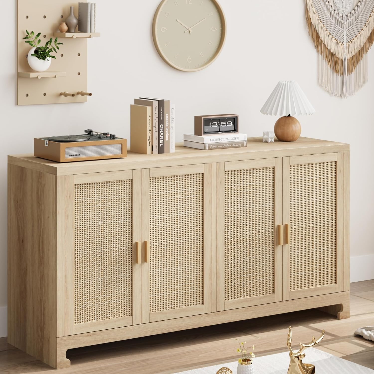 GarveeHome 60 in Farmhouse Rattan Buffet Cabinet - 4-Door Woven Storage Sideboard with Adjustable Shelves, Kitchen Console Table for Dining Room & Living Room Entryway (Oak Brown)