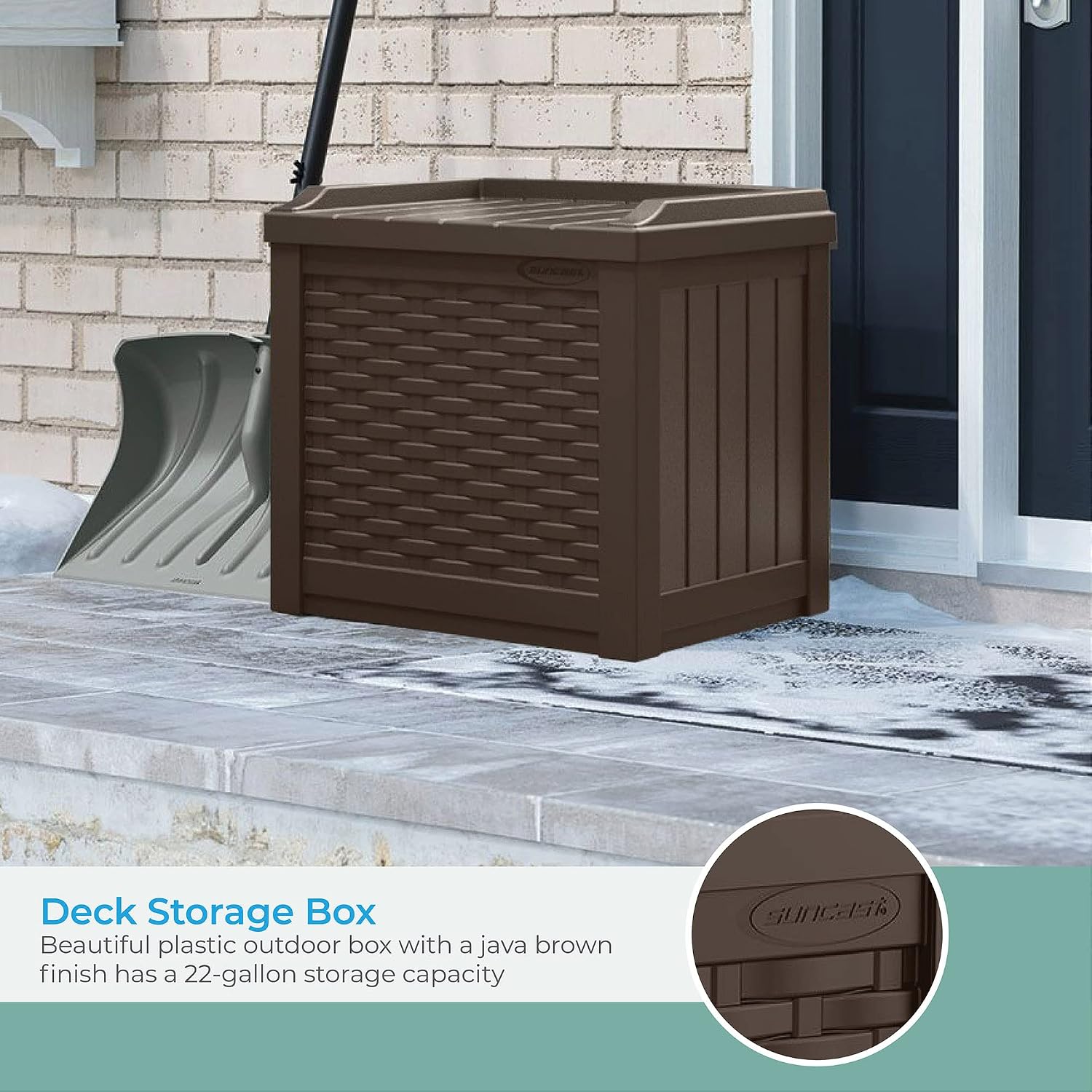 Suncast 33 Gallon Durable Plastic Hideaway Outdoor Garbage Can with Secure Lid and Wicker Design for Home Backyards, Decks, or Patios, Java Brown & 22 Gallon Small Resin Storage Seat, Java, SSW600J
