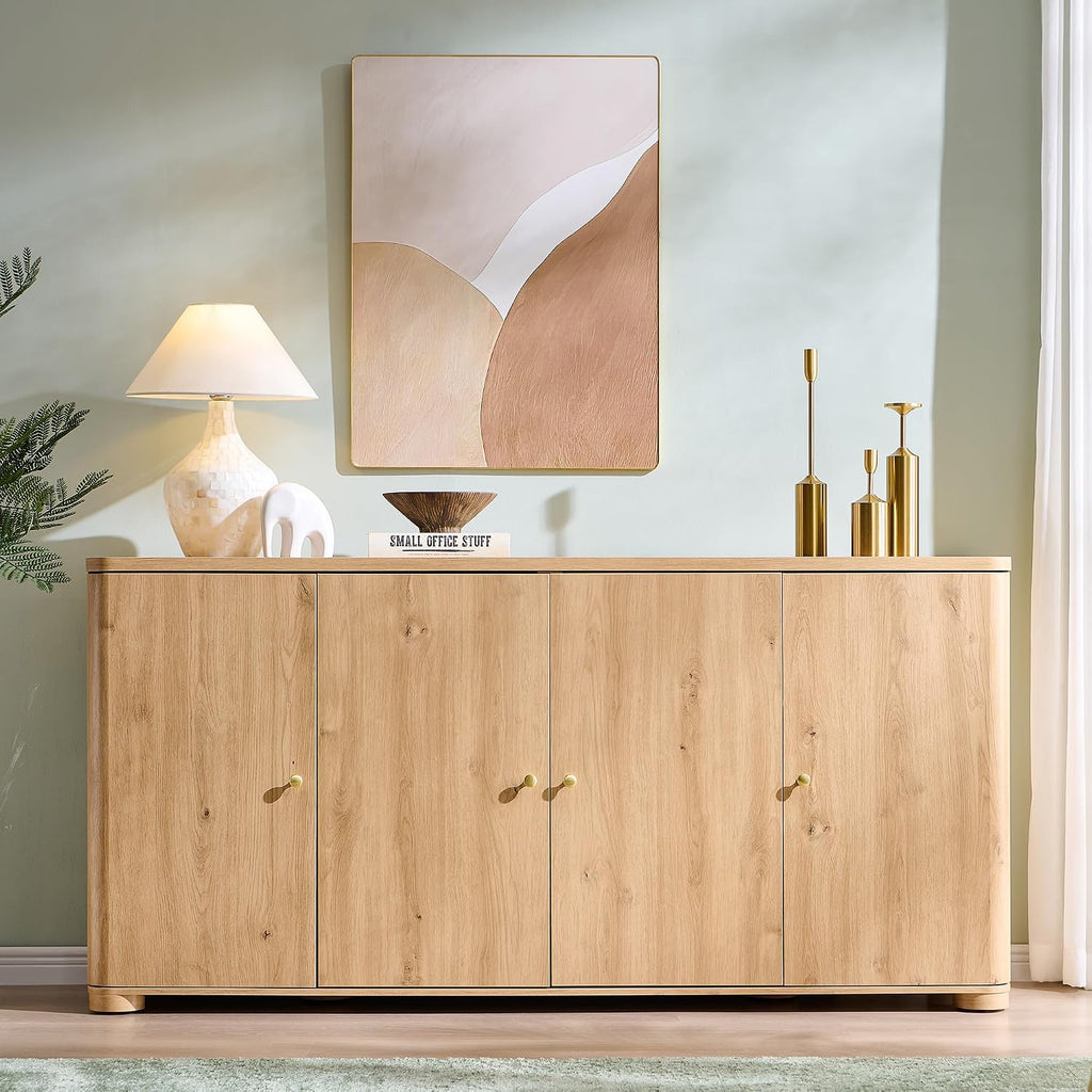 IFGET Curved Buffet Cabinet with Doors, 66' Large Sideboard Buffet Storage Cabinet with 4 Doors and Shleves, Modern Coffee Bar Station Wood Kitchen Table for Kitchen, Dining Room, Natural