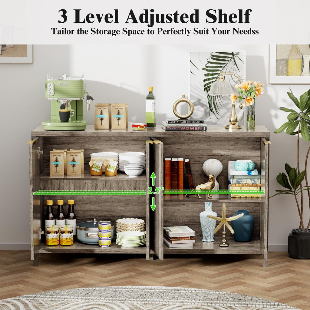 Fluted Sideboard Buffet Cabinet, 55' Large Storage Buffet Cabinet with 4 Doors and Adjustable Shelves, Modern Sideboard Console Table for Living Room,Entryway,Dinning Room,Kitchen-Grey