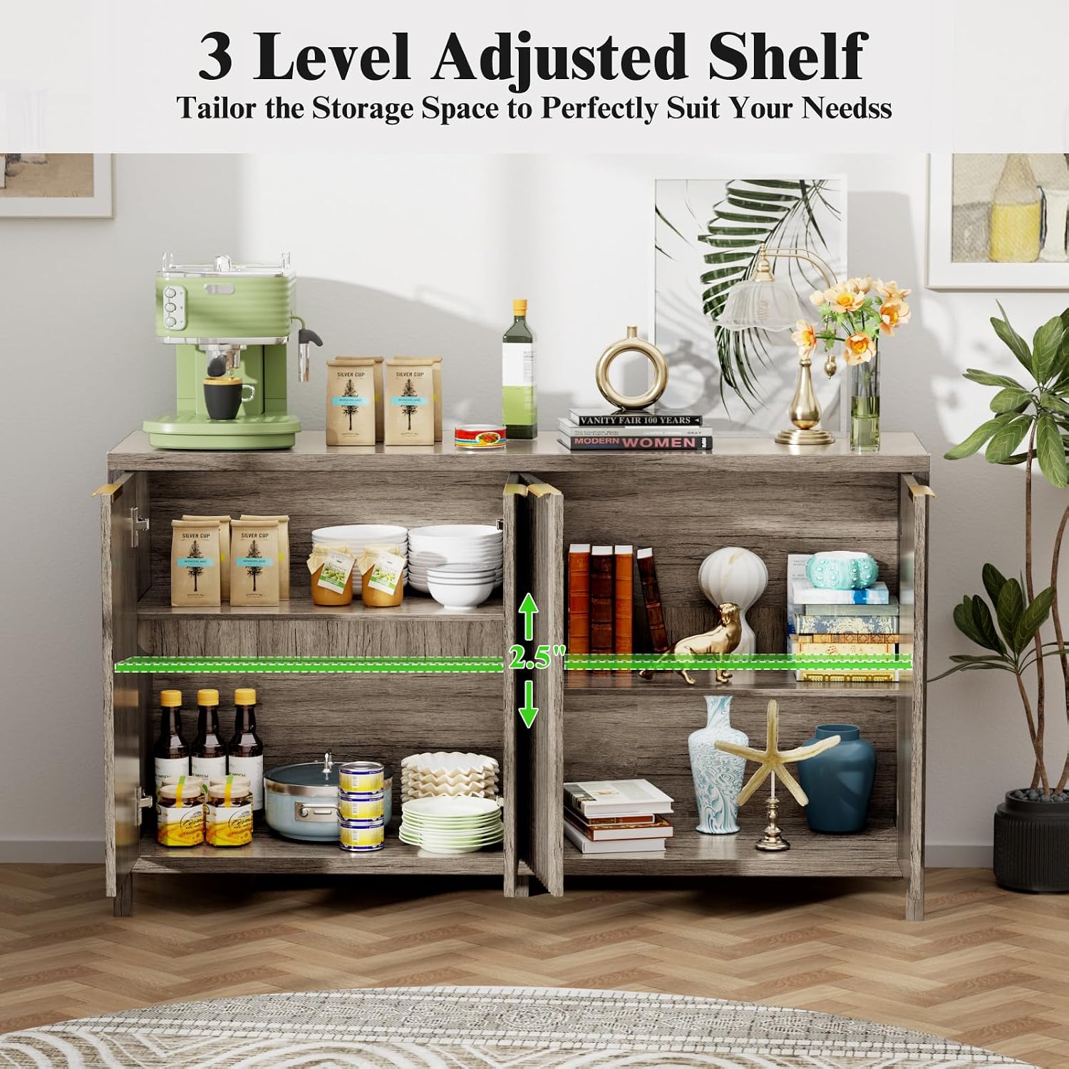Fluted Sideboard Buffet Cabinet, 55' Large Storage Buffet Cabinet with 4 Doors and Adjustable Shelves, Modern Sideboard Console Table for Living Room,Entryway,Dinning Room,Kitchen-Grey