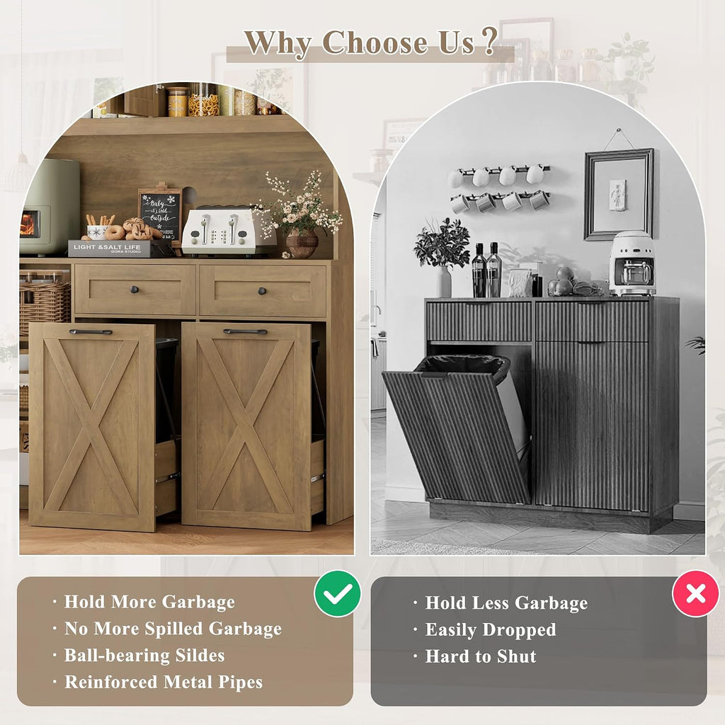 HOSTACK 12.5 Gallon Kitchen Trash Cabinet, 47' Double Trash Can Cabinet, Large Pull Out Can Storage Drawers, Wood Farmhouse Hidden Garbage Storage Buffet for Kitchen, Dining Room, Rustic Brown