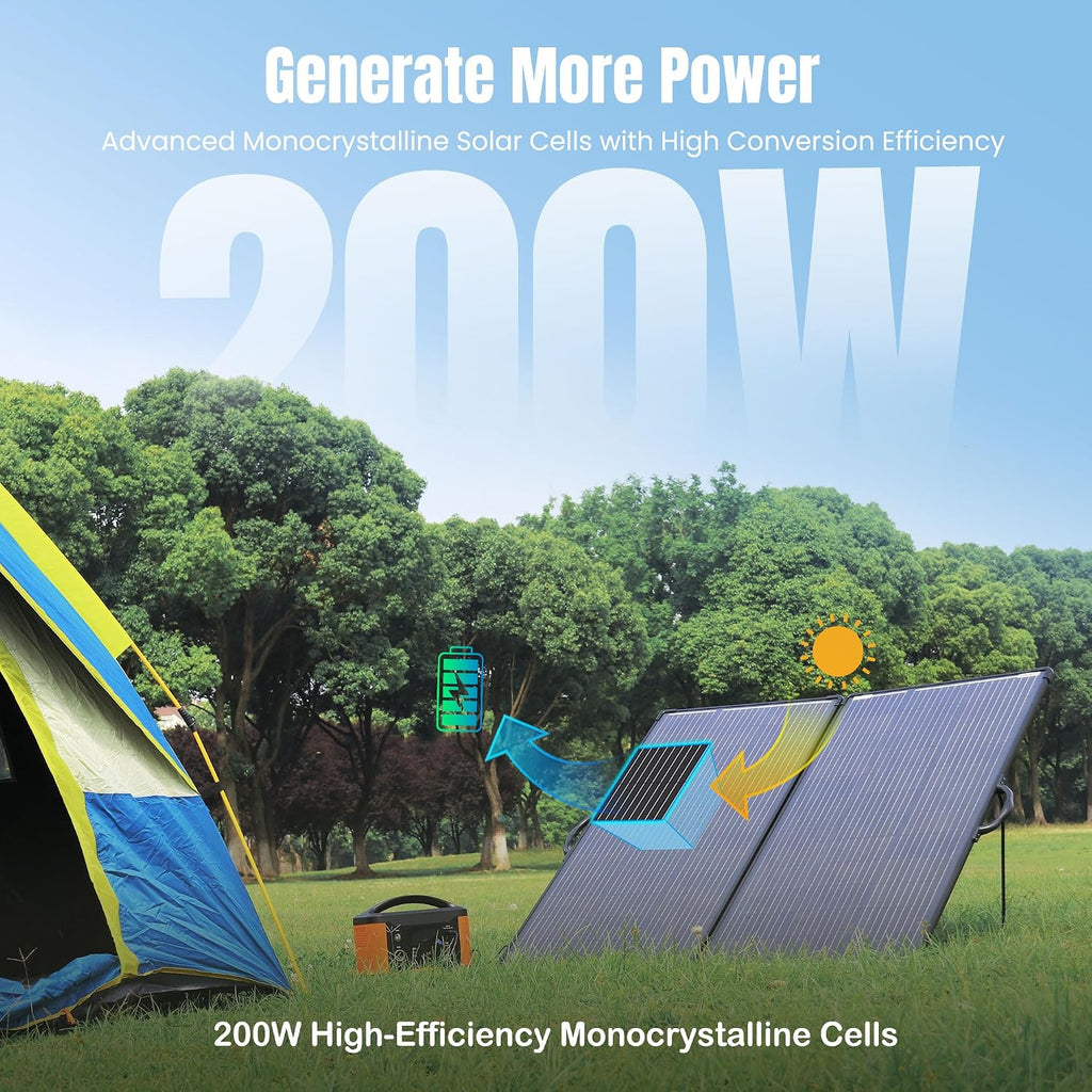 200W Portable Solar Panel Kit with 20A Waterproof PWM Controller, Foldable and Lightweight for RV, Camping, Boats, and Off-Grid Systems