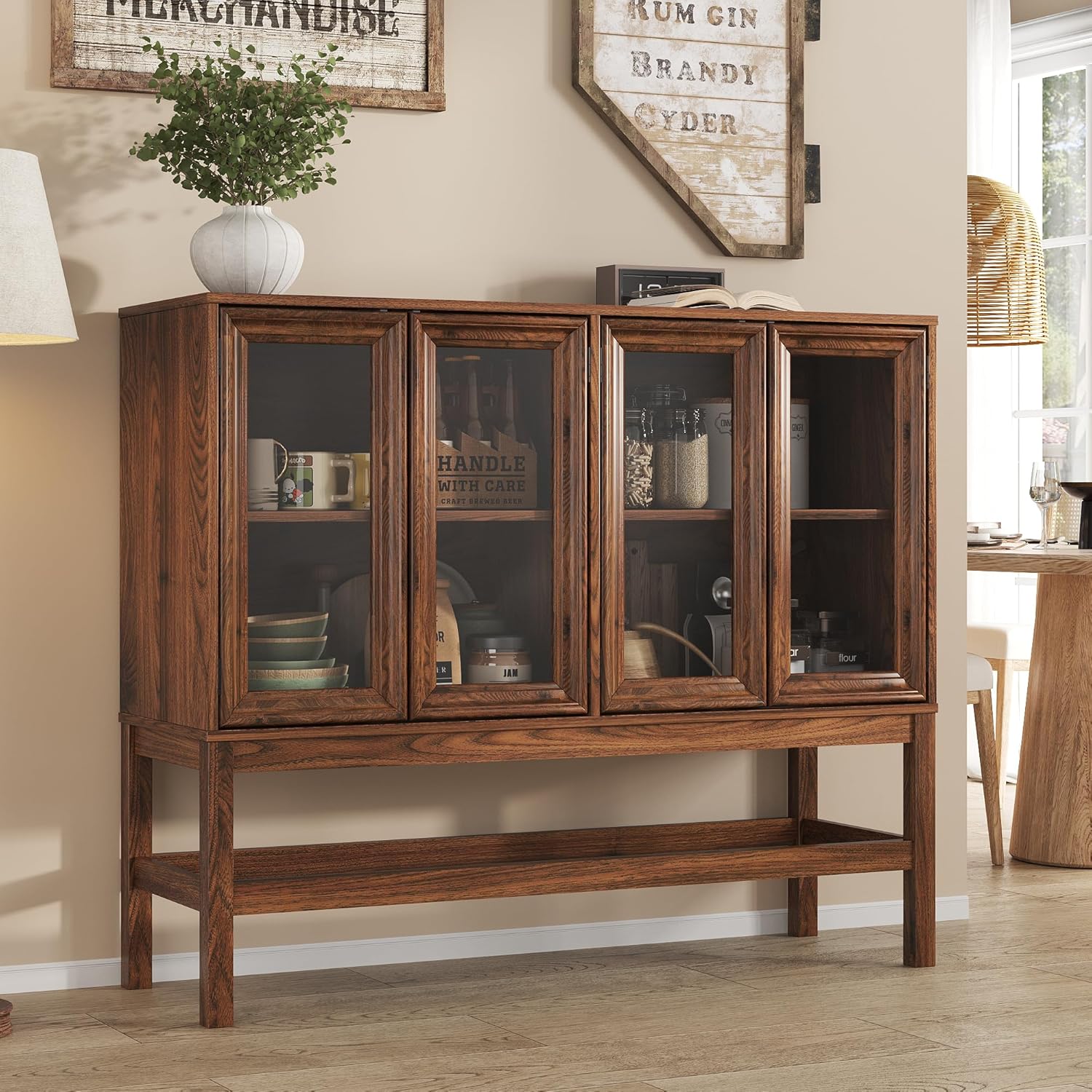Sideboard Buffet Cabinet with Storage, Small Kitchen Coffee Wine Bar Cabinet with Glass Press-to-Open Doors, Wood Mid Century Modern Side Board Table for Dining Room, Living Room