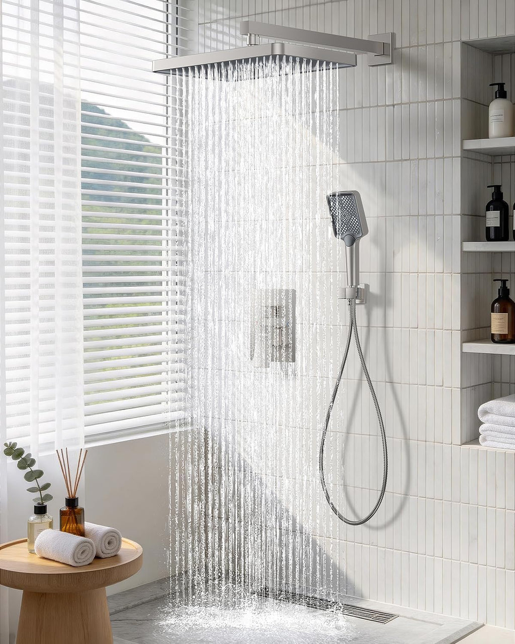 Shower System 13-Inch Rainfall Shower Head - 3 Setting Handheld Sprayer, Complete Bathroom Set with Faucet Mixer Trim Kit & Valve Brushed Nickel