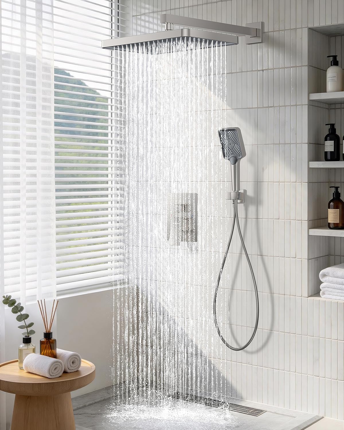 Shower System 13-Inch Rainfall Shower Head - 3 Setting Handheld Sprayer, Complete Bathroom Set with Faucet Mixer Trim Kit & Valve Brushed Nickel