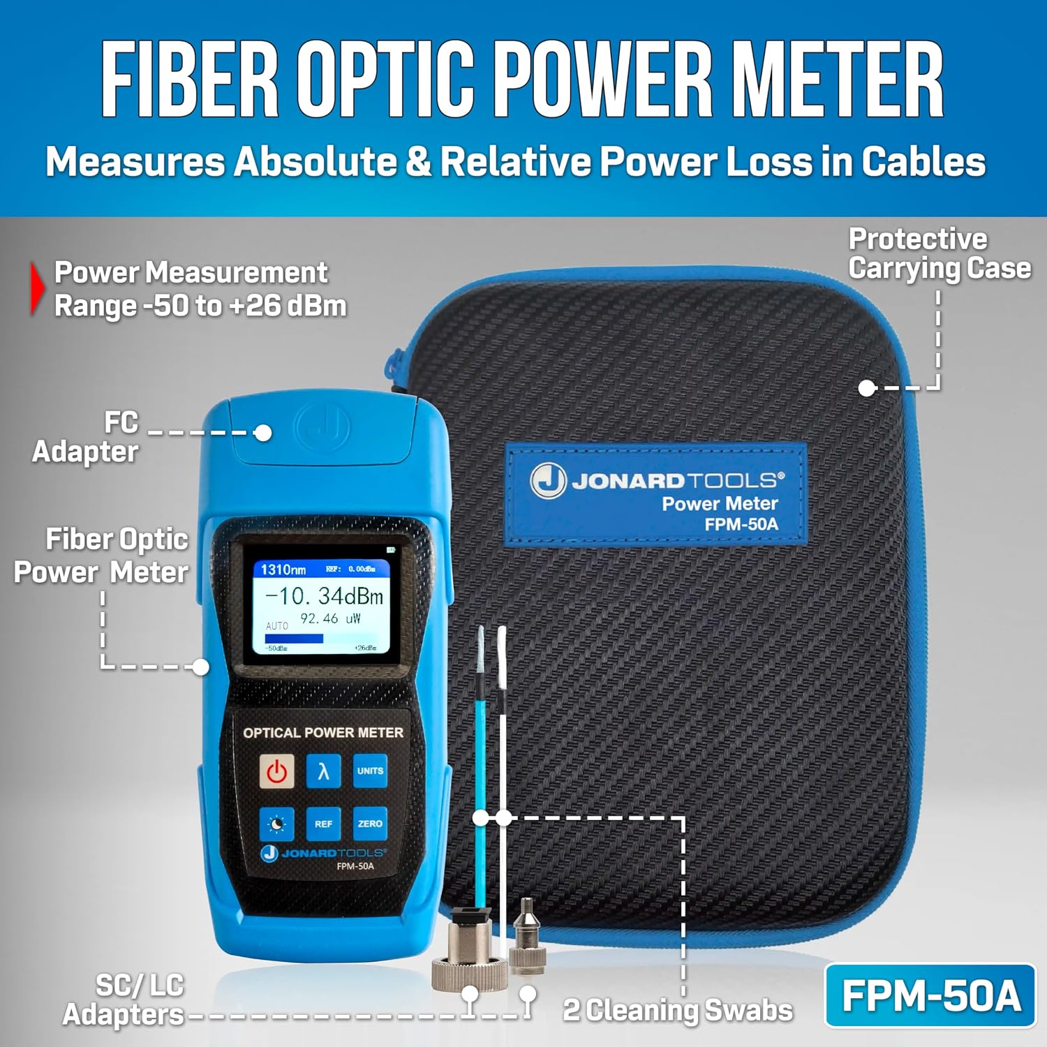 Jonard Tools FPL-5050 Fiber Power Meter & Optical Light Source Kit (-50 to +26 dBm, Single-Mode)- 2025 Model