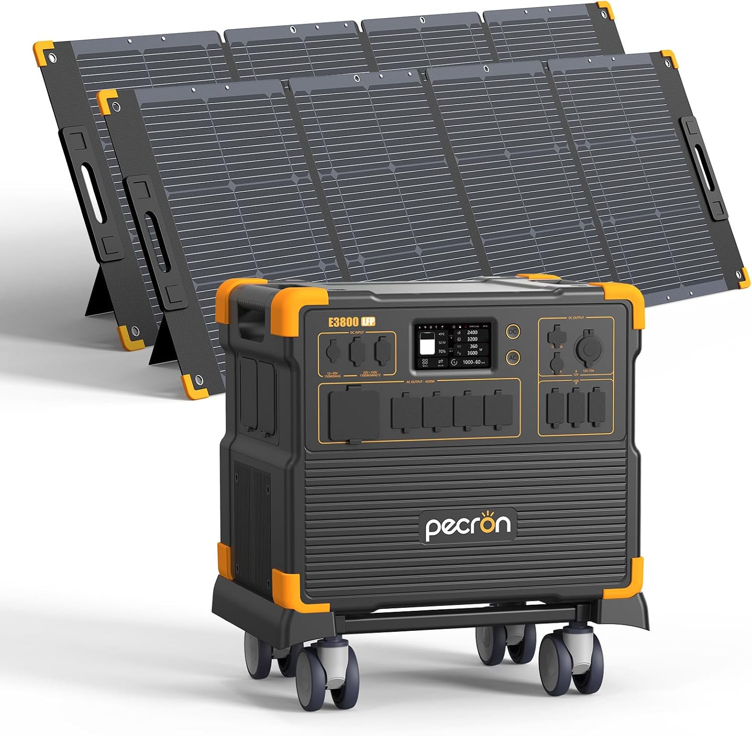 PECRON Portable Power Station E3800 LFP with 2x200W Solar Panels, 3840Wh LiFePO4 Battery Backup, 4200W Solar Generator, Expandable to 53.76kWh Power Station, Fast Charging for Home Emergency, Camping