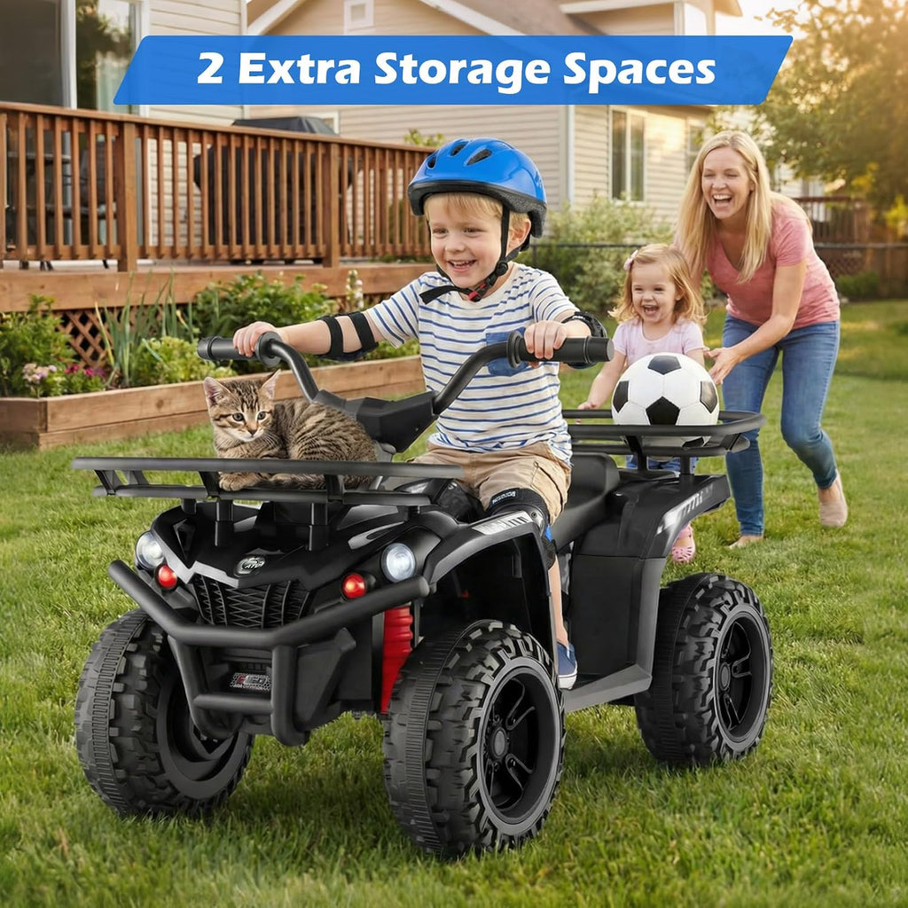 OLAKIDS 12V Kids ATV Quad with 2 Speeds, Spring Suspension, LED Lights, Music & Story Player, Big Tires, 2 Storage Spaces, Ride On Car for Boys Girls Ages 3+ (12V, Black)