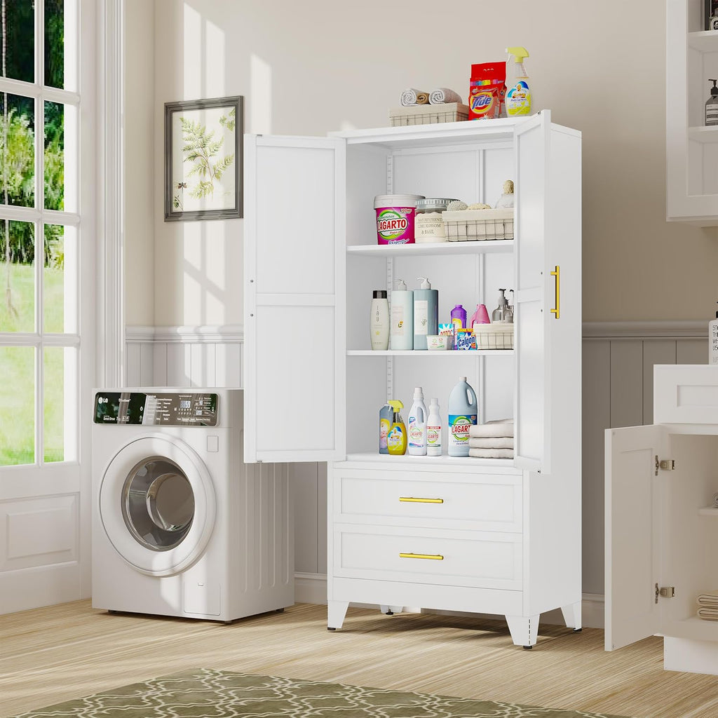 GAIOUS 71' Tall Metal Pantry Cabinet, Steel Storage Cabinets with 2 Drawers | 2 Adjustable Shelf and 2 Doors, Used as Kitchen cabinet, Freestanding Cupboard for Kitchen, Office, Living Room (White)