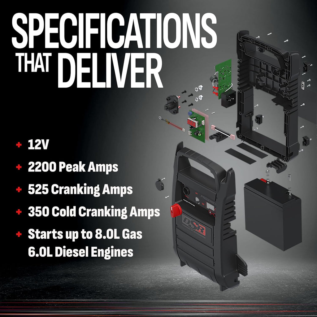 Schumacher Electric DSR ProSeries Car Battery Jump Starter - 2200 Peak Amp 12V Car Starter, Jump Box & Portable Power Station - Digital Display, Heavy-Duty Clamps - DSR165