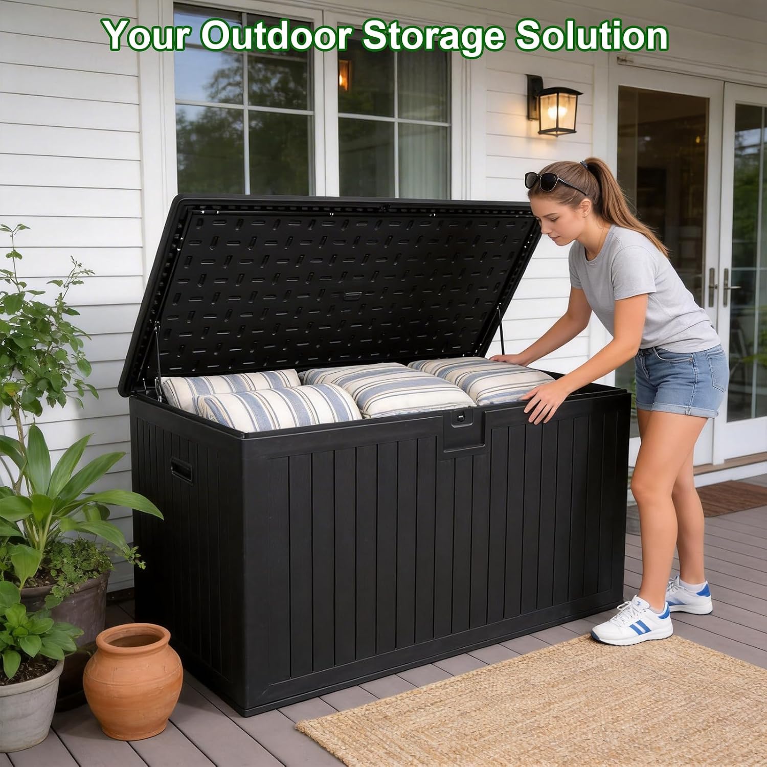 230 Gallon Outdoor Storage Box, Waterproof Extra Large Resin Deck Box with Lockable Lid for Patio, Pool Equipment, and Cushions, Black