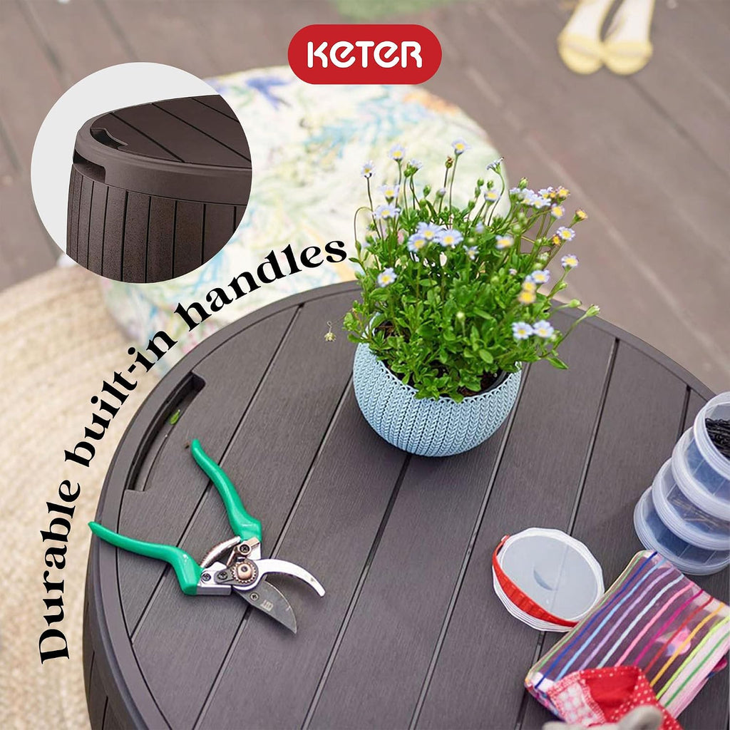 Keter Circa 37 Gal Round Patio Box Storage Table, Seating Bundled with Westwood 150 Gallon Plastic Outdoor Furniture Storage Deck Box, Brown