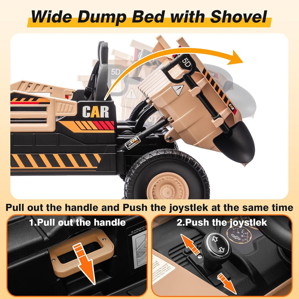 RunFast 12V 2 Seater Ride on Dump Truck for Kids,Electric Ride on Cars with Remote Control,2X35W Powerful Motors Up to 4Mph,Electric Dump Bed,Extra Shovel,Music Player,Gift for Boy&Girl(Khaki,12V)