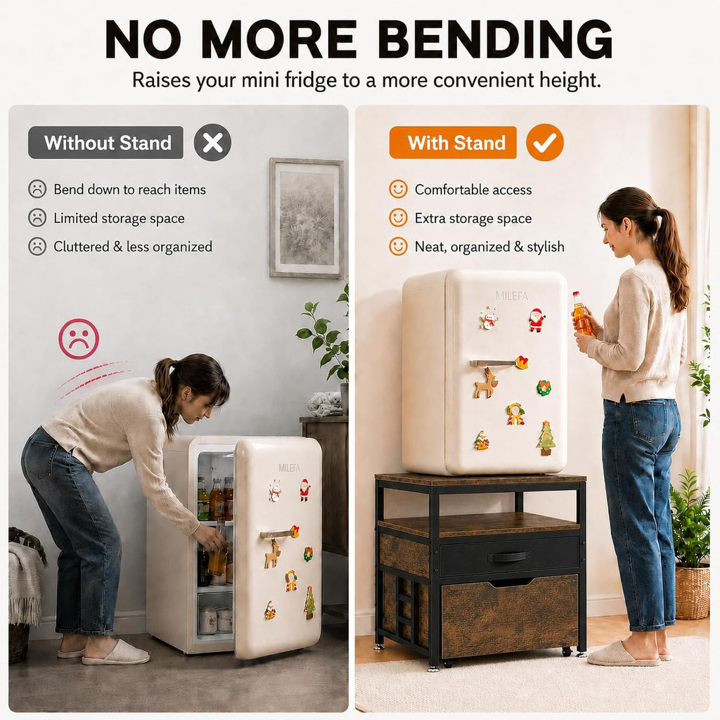 Mini Fridge Stand with Storage Drawer for Dorm Room, 220 lb Heavy Duty Refrigerator Stand with Power Outlet and Pull-Out Basket, Small Fridge Table for Apartment, office, Kitchen, Retro Brown