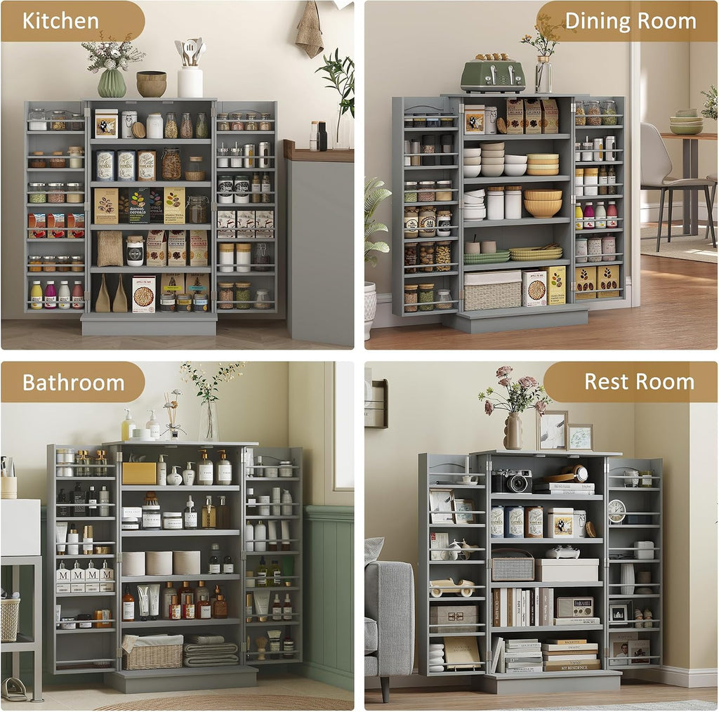 HOMCOM 41' Kitchen Pantry Storage Cabinet, Freestanding Kitchen Cabinet with 12 Door Shelves, Double Doors, 5-Tier Shelving and Adjustable Shelves, Gray