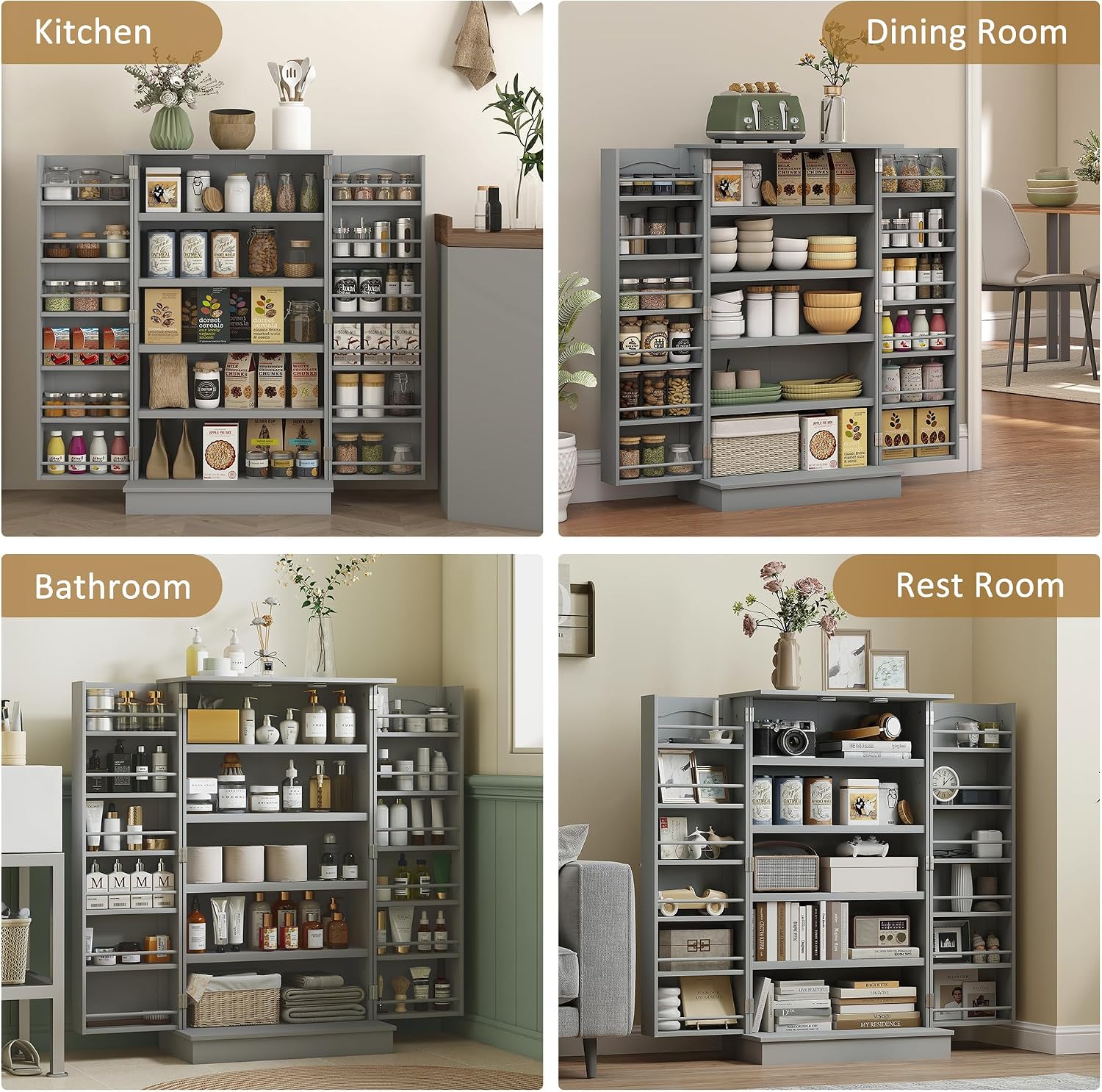 HOMCOM 41' Kitchen Pantry Storage Cabinet, Freestanding Kitchen Cabinet with 12 Door Shelves, Double Doors, 5-Tier Shelving and Adjustable Shelves, Gray
