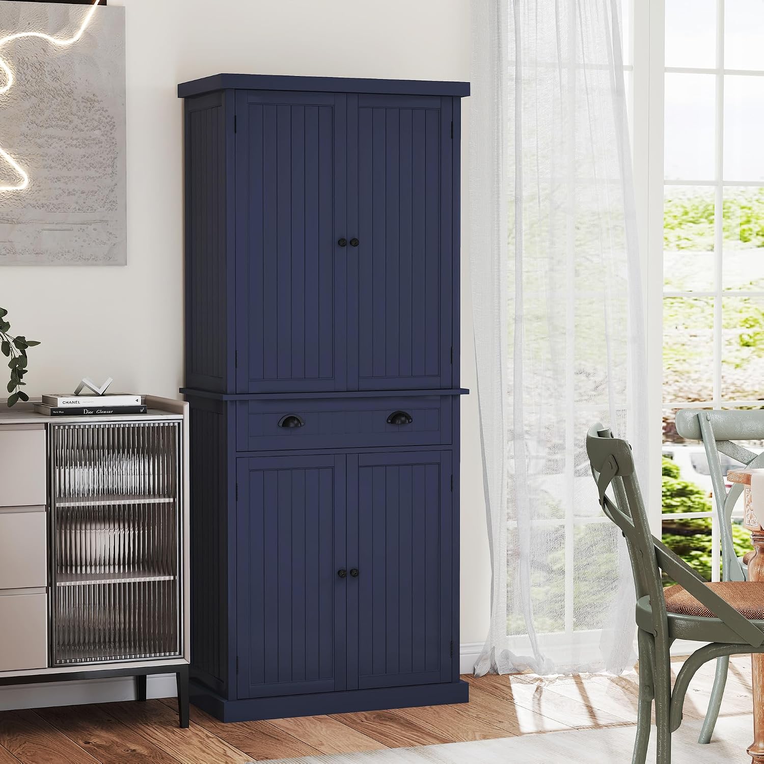 Kitchen Pantry Cabinet, Tall Pantry Storage Cabinet with Drawer and Adjustable Shelves, Blue Freestanding Cupboard for Kitchen, Dining Room and Living Room