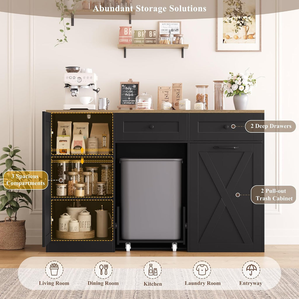 HOSTACK 12.5 Gallon Kitchen Trash Cabinet, 47' Double Trash Can Cabinet, Large Pull Out Can Storage Drawers, Wood Farmhouse Hidden Garbage Storage Buffet for Kitchen, Dining Room, Black
