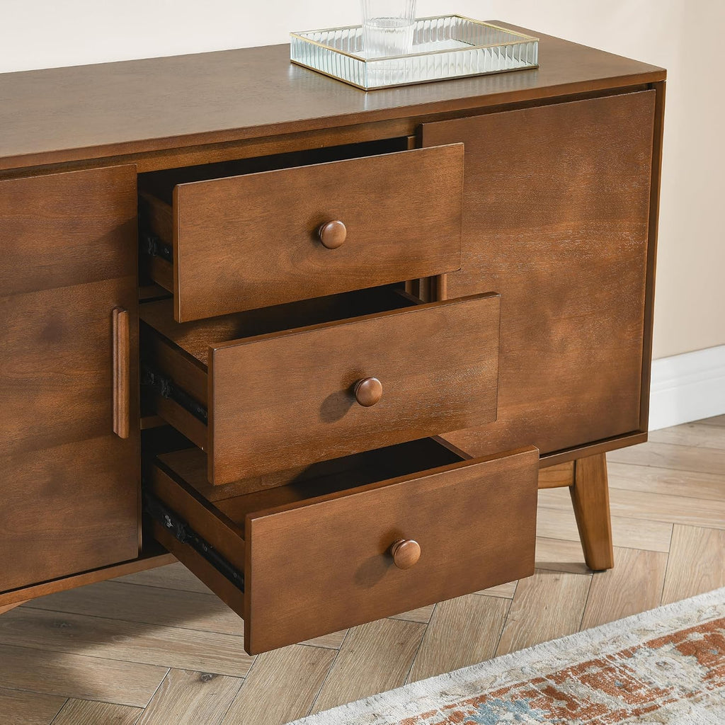KEIKI Wood Sideboard Buffet Cabinet with Storage, Farmhouse Cupboard with 3 Drawers and Adjustable Shelves, Accent Console Table for Kitchen Dining Living Room, Walnut