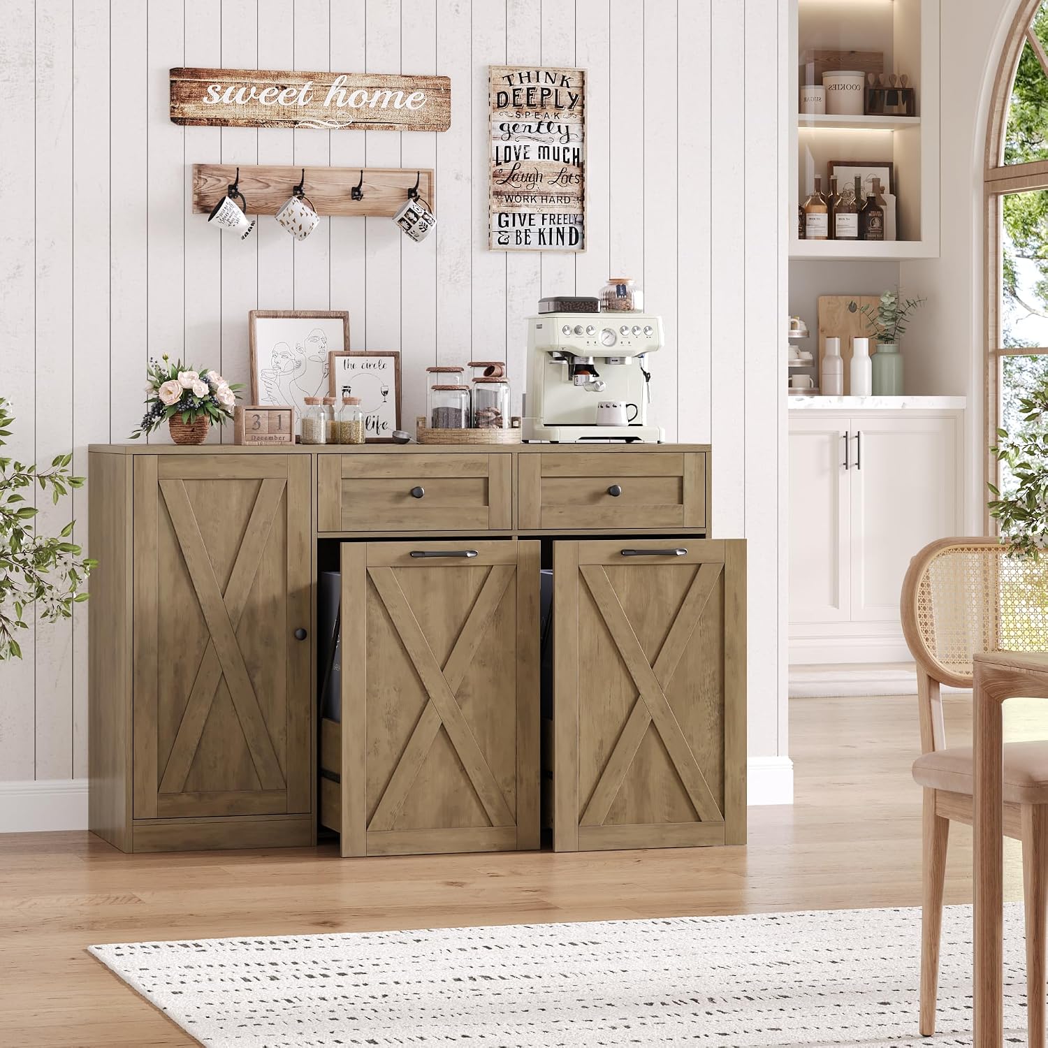 HOSTACK 12.5 Gallon Kitchen Trash Cabinet, 47' Double Trash Can Cabinet, Large Pull Out Can Storage Drawers, Wood Farmhouse Hidden Garbage Storage Buffet for Kitchen, Dining Room, Rustic Brown