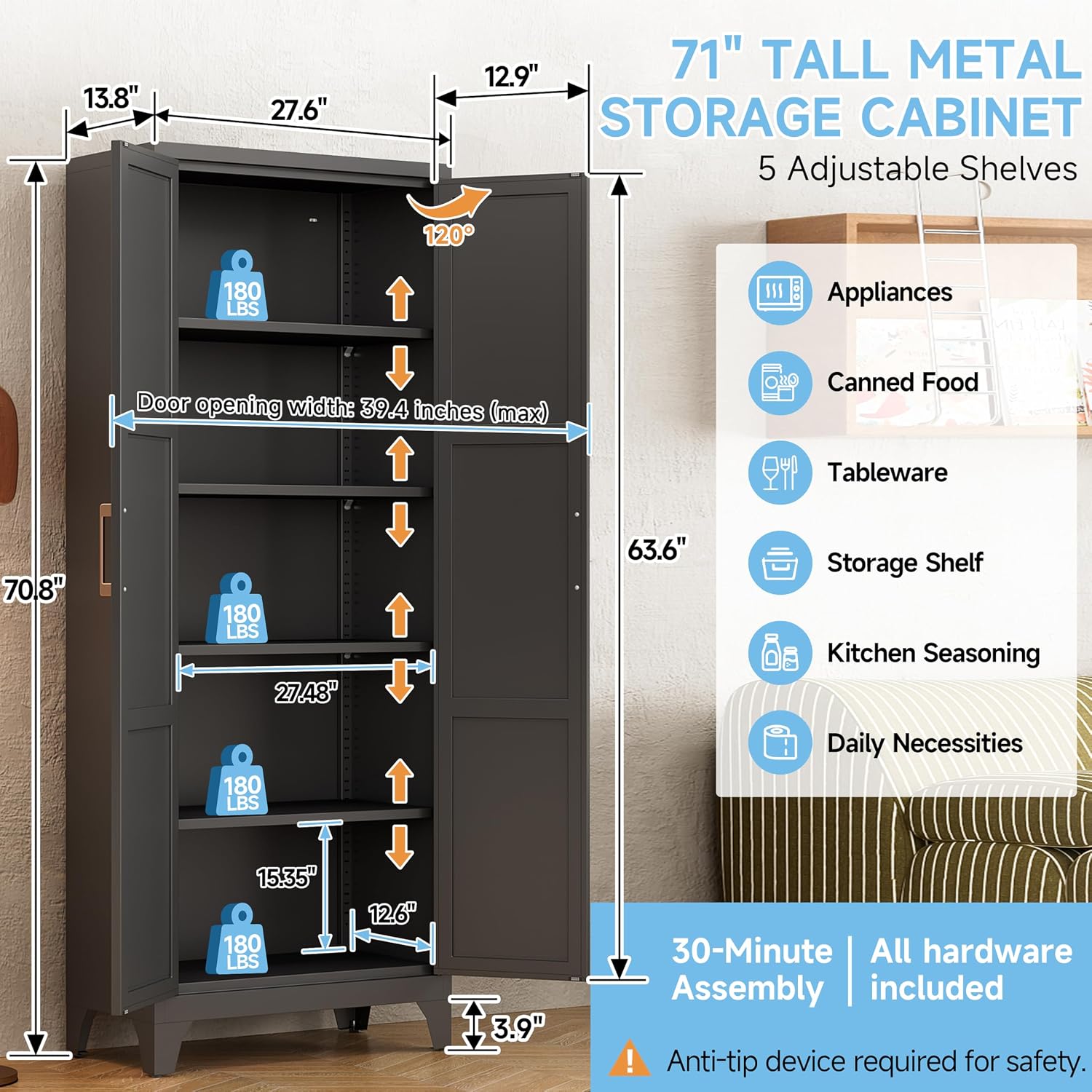 Pantry Cabinets for Kitchen,70.8' Tall Storage Cabinets,Metal Pantry Storage Cabinet with 2 Doors and 4 Adjustable Shelves for Kitchen/Black