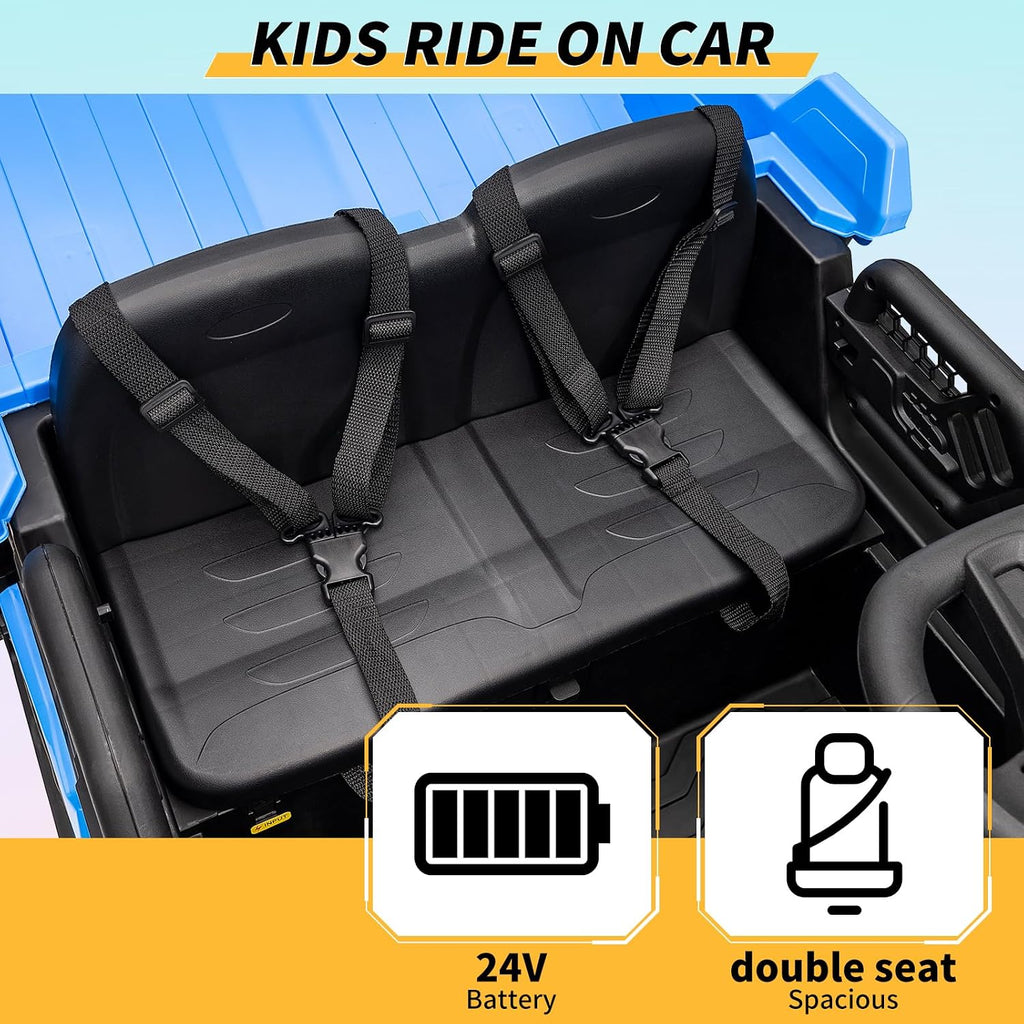 24V Kids Ride On Dump Truck with R/C, 2 Seater Electric Car - 2WD/4WD Powerful Motors, 4.4 Mph, Electric Dump Bed & Shovel, EVA Tires, Music Player, Soft Start, 19' Spacious Seat (Blue)