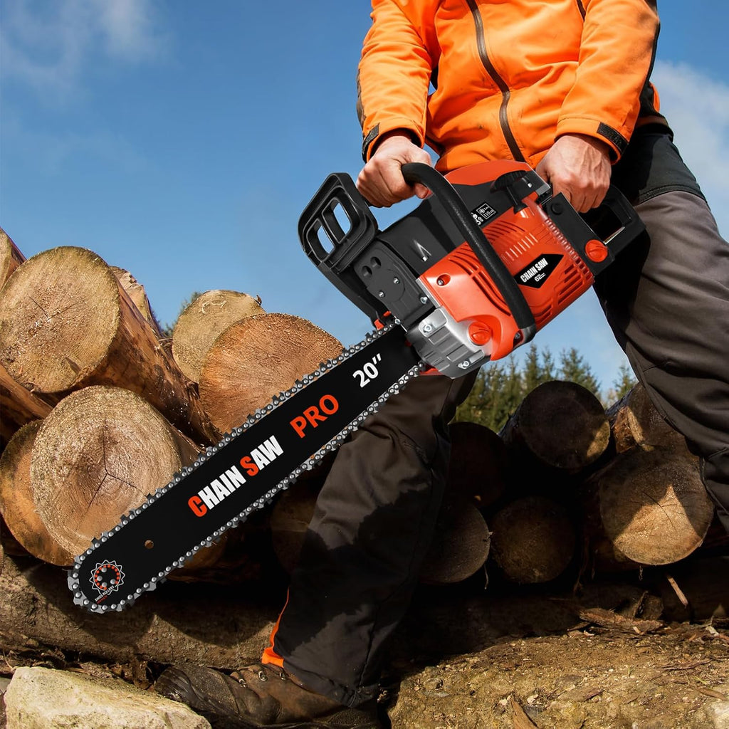 62CC Gas Chainsaw, Professional Chainsaw with 2-Stroke Engine, 20inch & 24inch Chain Saw Bar, Ergonomic Non-Slip Handle & Dual Fuel Tanks for Tree Wood Cutting