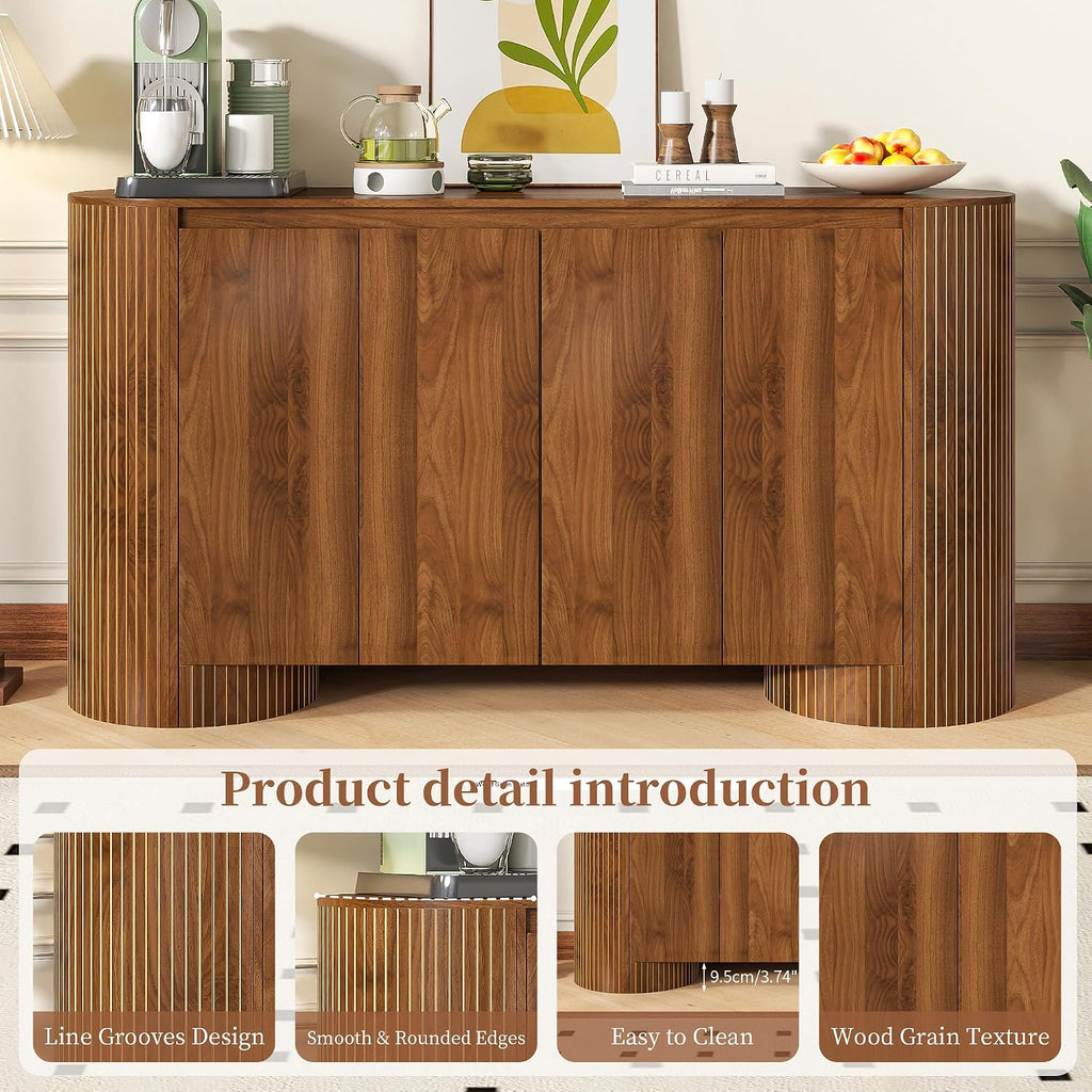 Sideboard Buffet Cabinet with Storage, 60' Modern Credenza Storage Cabinet with 4 Doors and Adjustable Shelves, Large Oval Buffet Table for Kitchen, Living Room (Walnut)