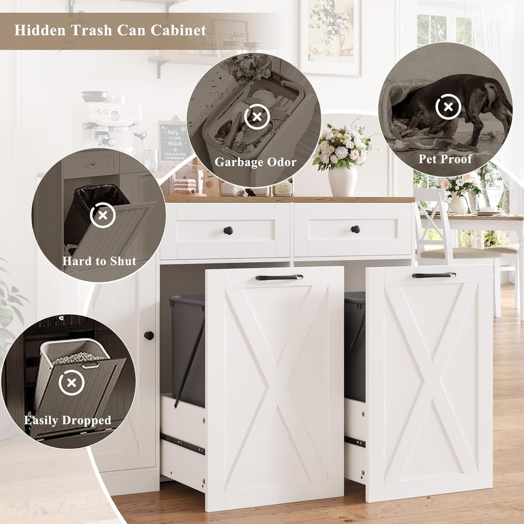 HOSTACK 12.5 Gallon Kitchen Trash Cabinet, 47' Double Trash Can Cabinet, Large Pull Out Can Storage Drawers, Wood Farmhouse Hidden Garbage Storage Buffet for Kitchen, Dining Room, White
