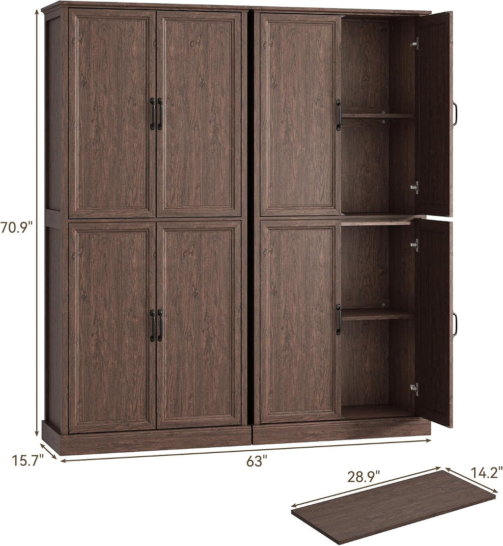 Tradare 71'' Tall Pantry Cabinet Set of 2, Farmhouse Kitchen Pantry Storage Cabinet with Barn Door and Adjustable Shelves, Rustic Wood Freestanding Cupboard for Kitchen, Dining Room, Brown